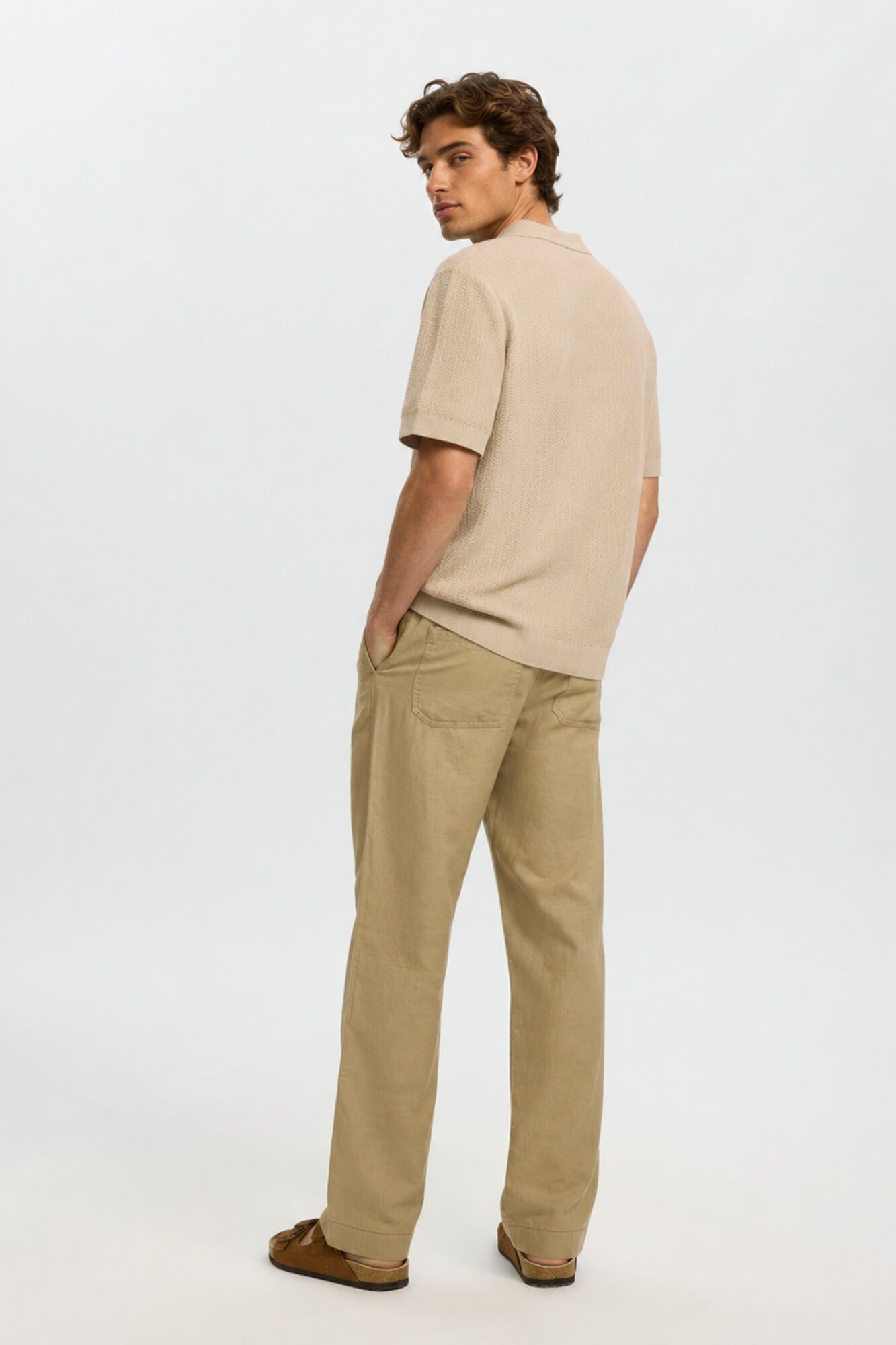 Selected Polo de malha com gola aberta Tostado
