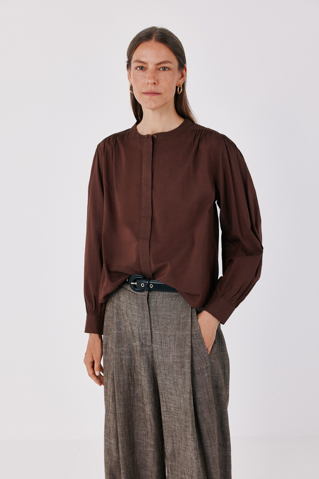 Cortefiel Blusa em algod&atilde;o leve Castanho