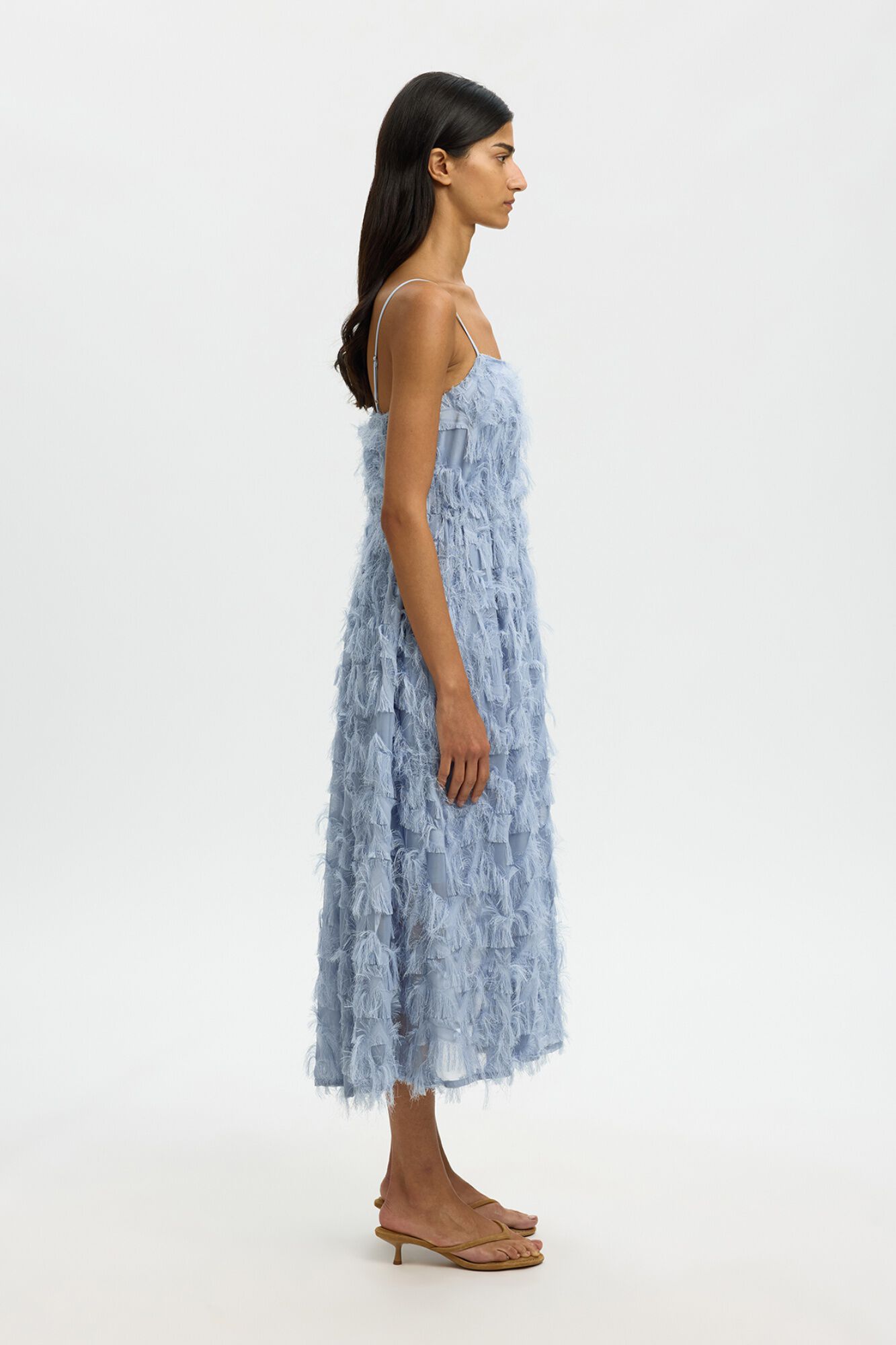 Selected Vestido midi com tecido de franjas Azul