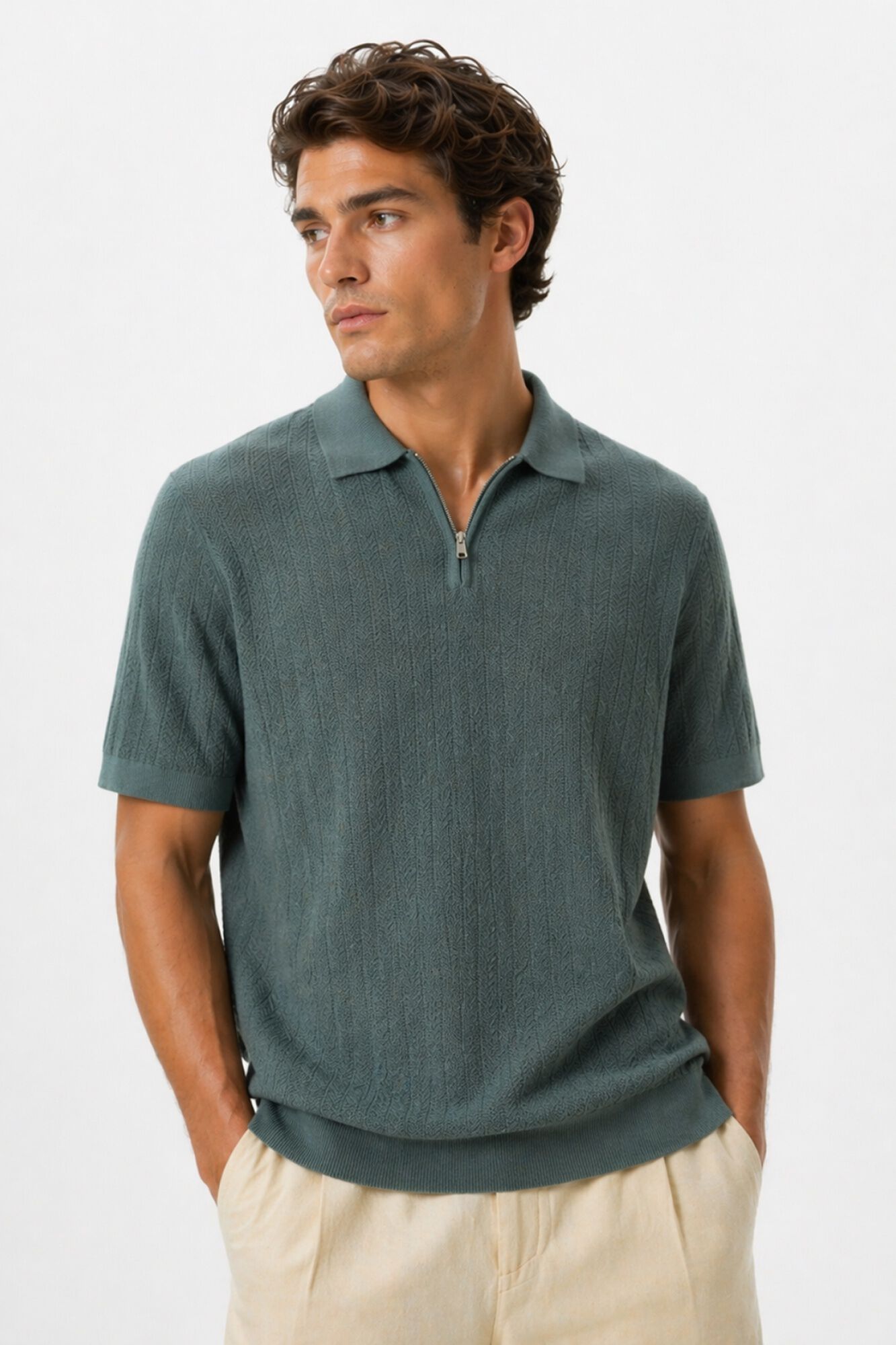 Selected Knitted polo shirt with half zip Dark green
