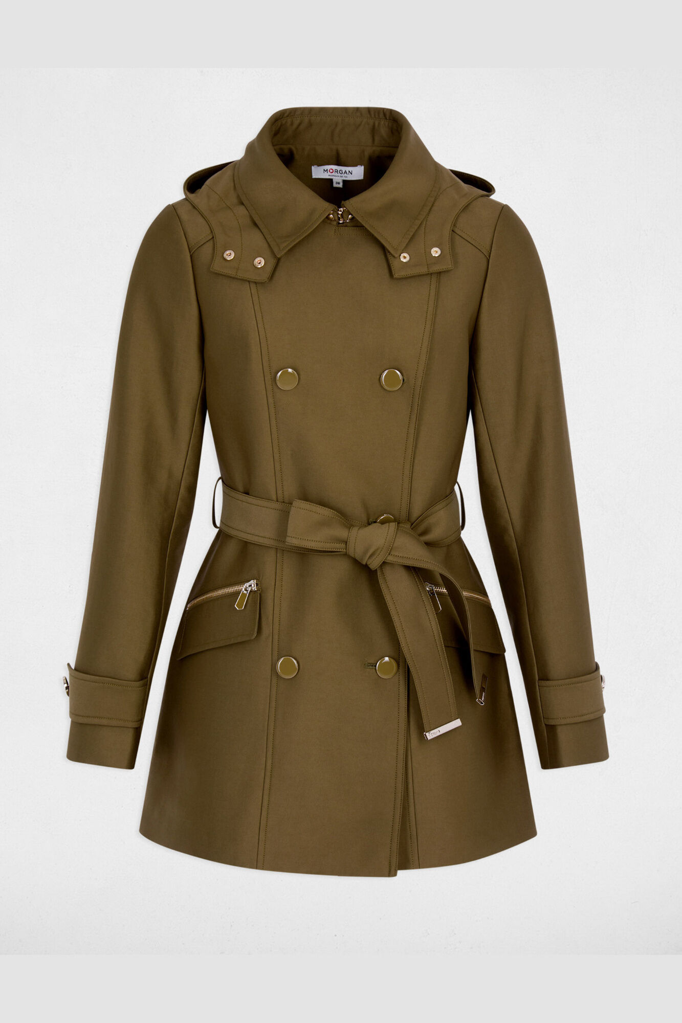 Morgan Fitted trench coat with belt and hood Kaki