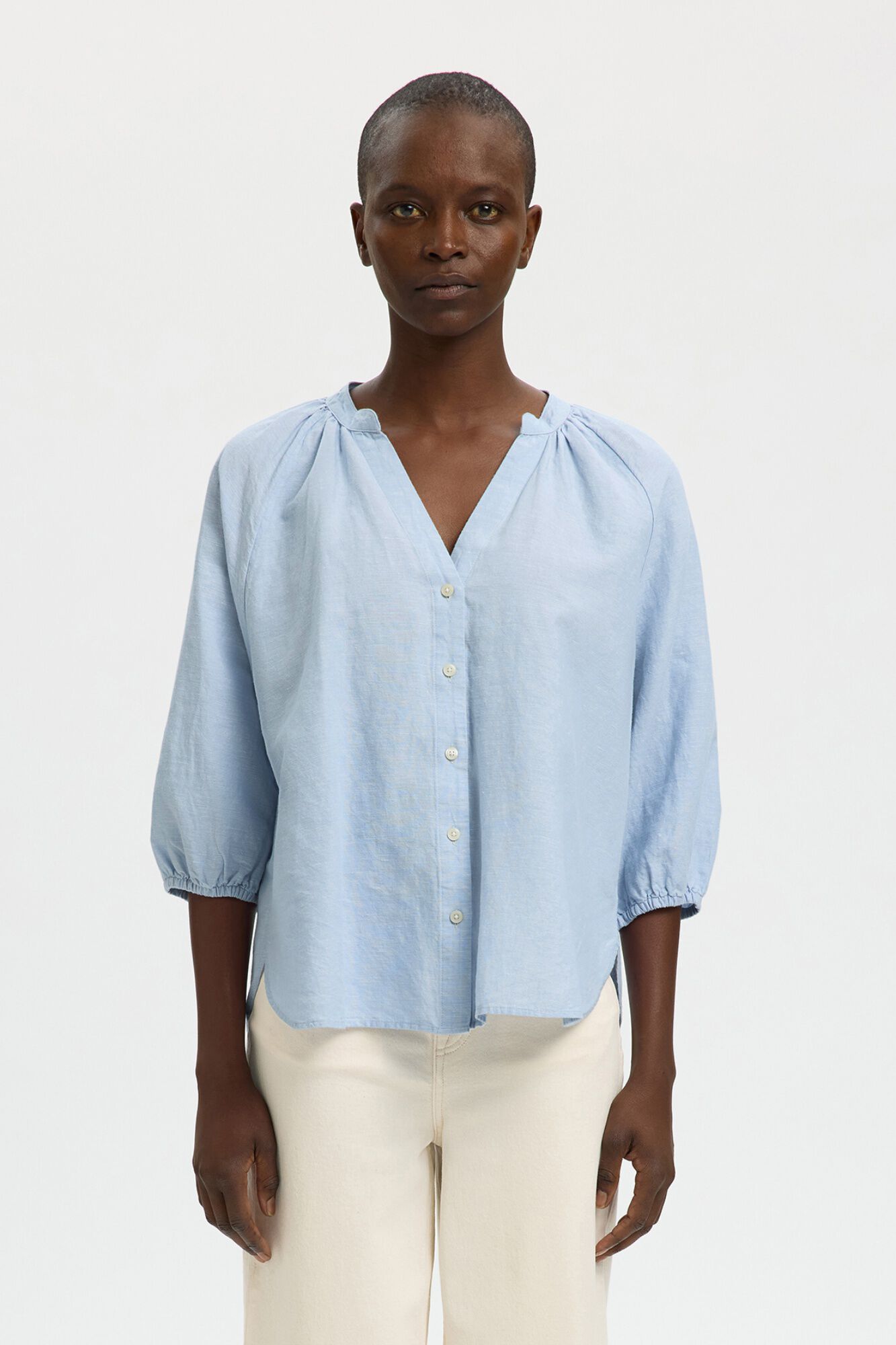 Selected Blusa manga 3/4 em linho Azul