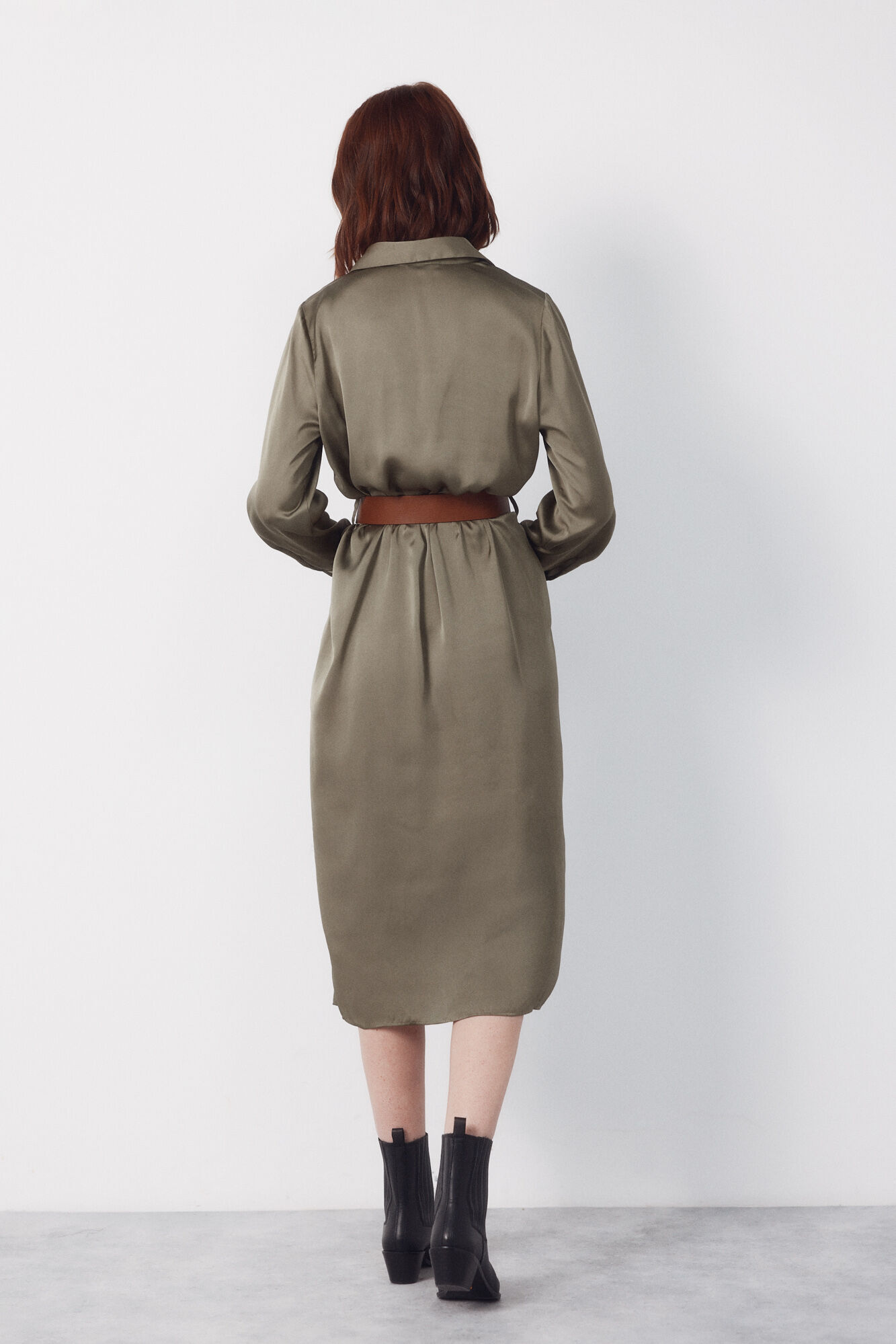 Cortefiel Satin shirt dress Kaki