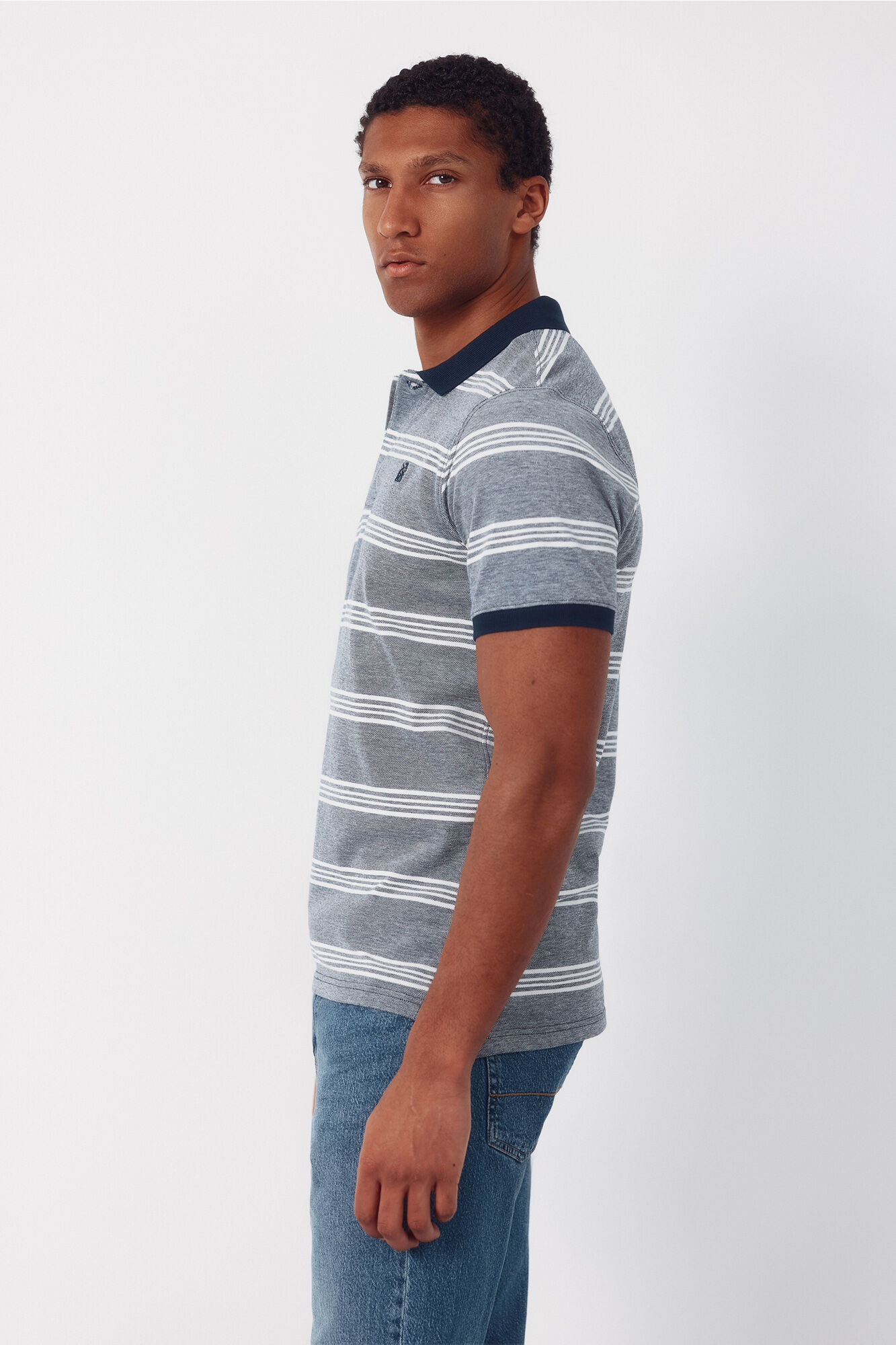 Cortefiel Striped oxford polo shirt Grey