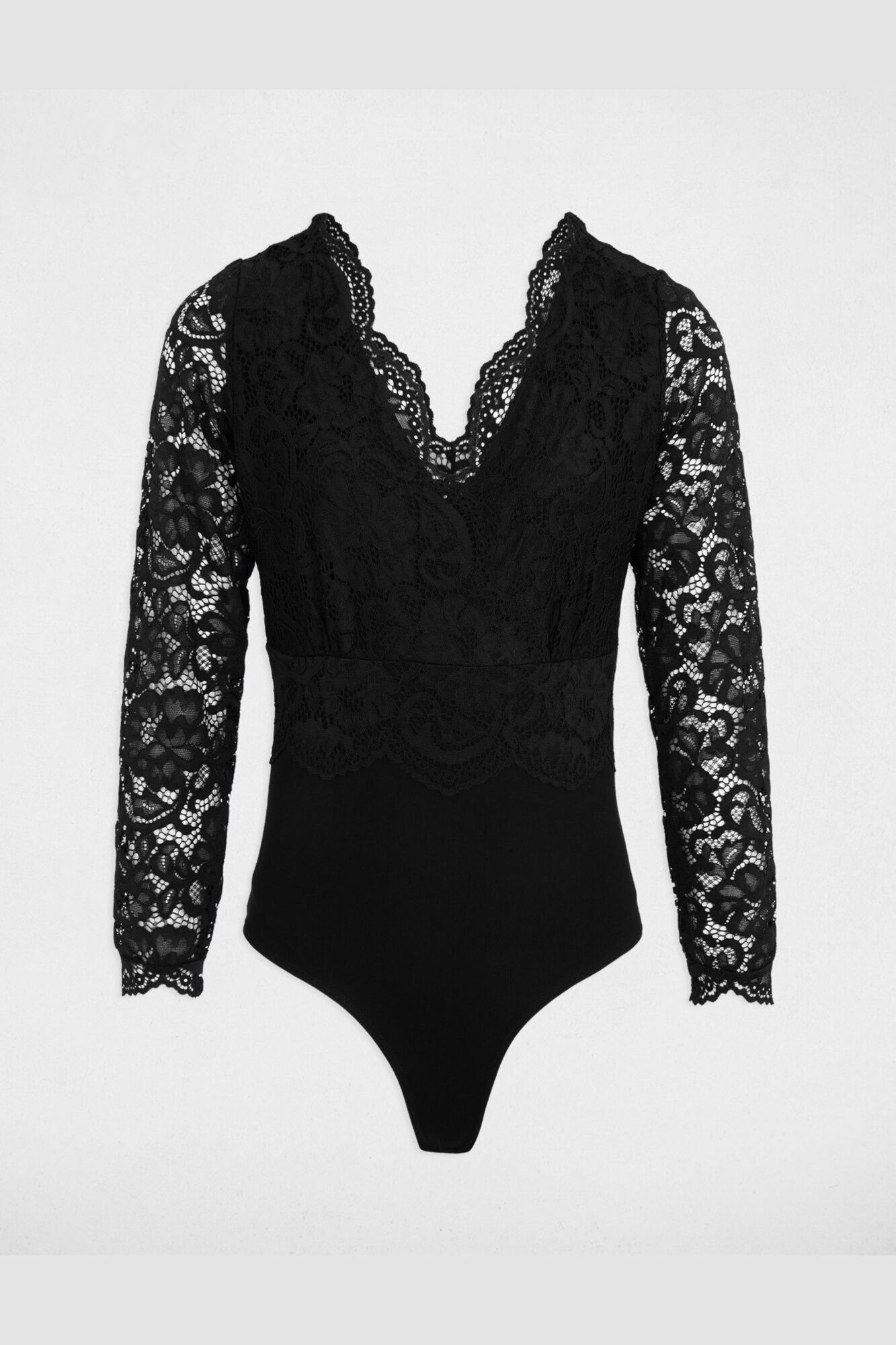 Morgan Body de renda com decote em bico Preto
