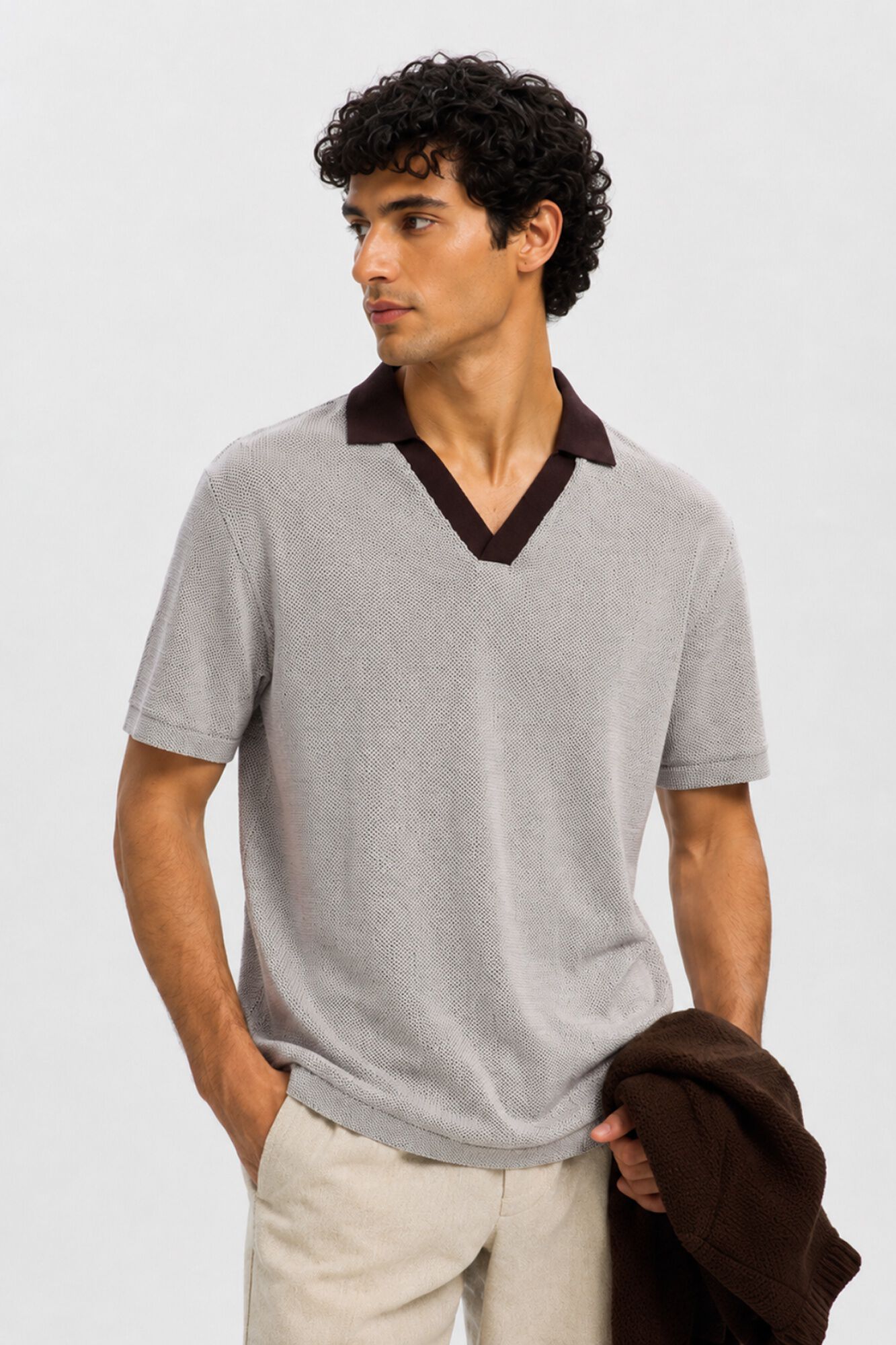 Selected Short sleeve polo shirt with open neck Dark brown
