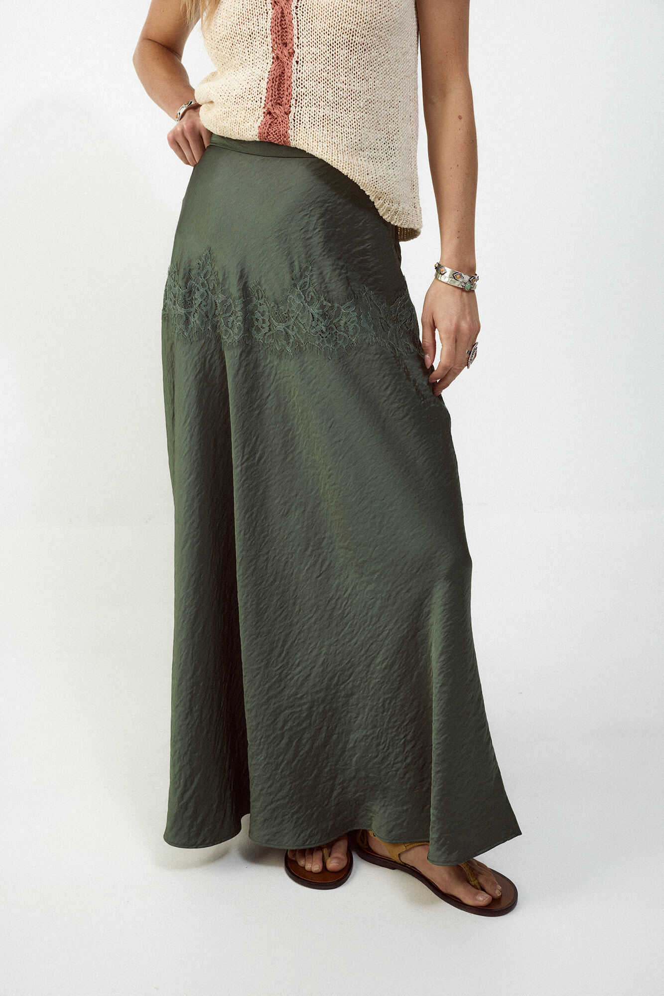 Slowlove Falda midi satinada con encaje Dark green