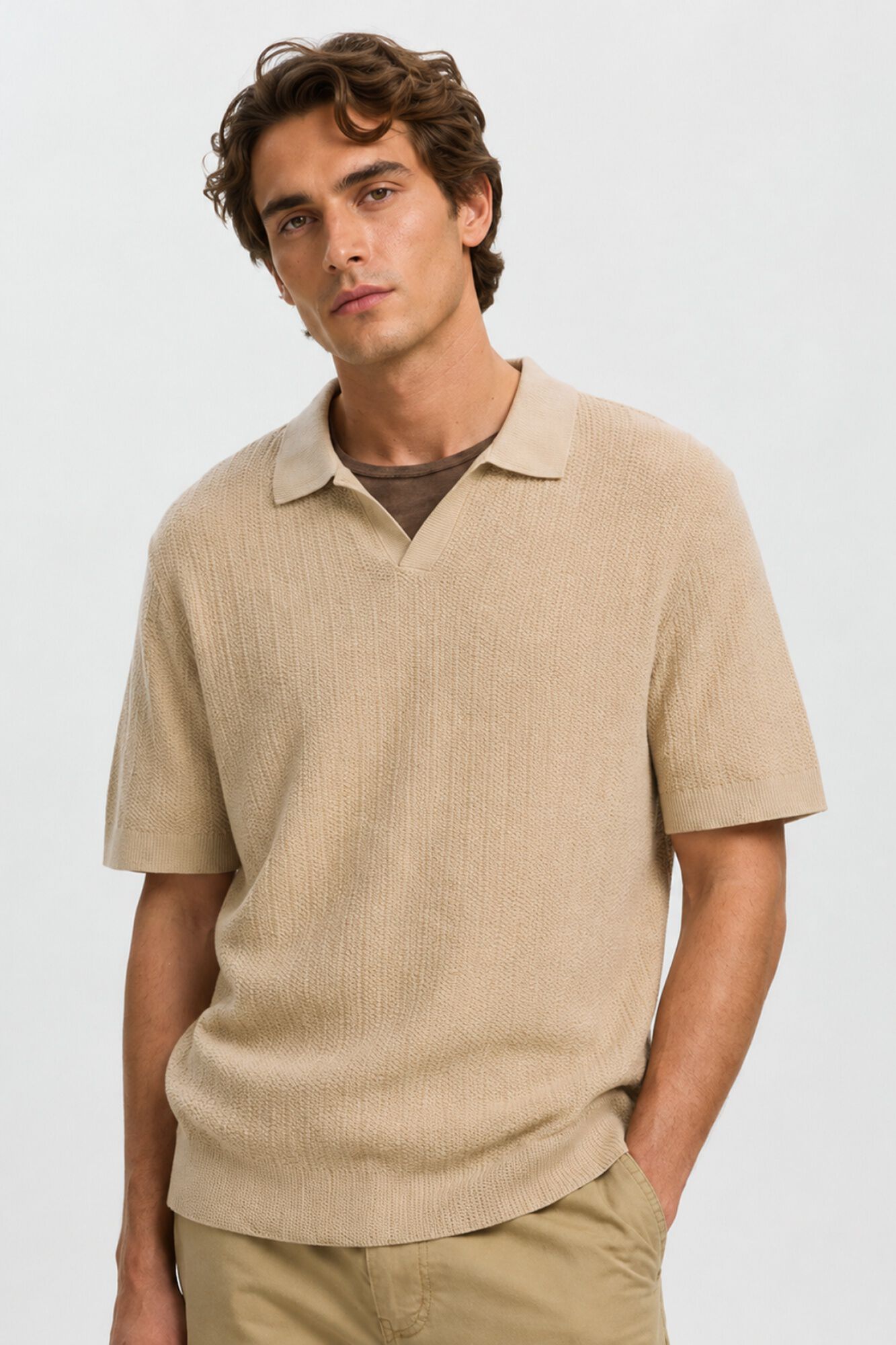 Selected Polo de malha com gola aberta Tostado
