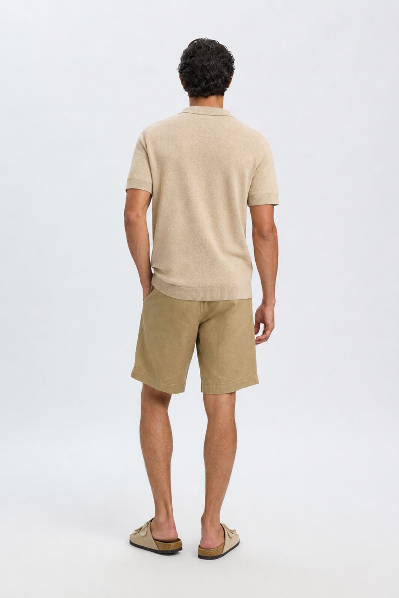 Selected Open-neck knit polo shirt Beige
