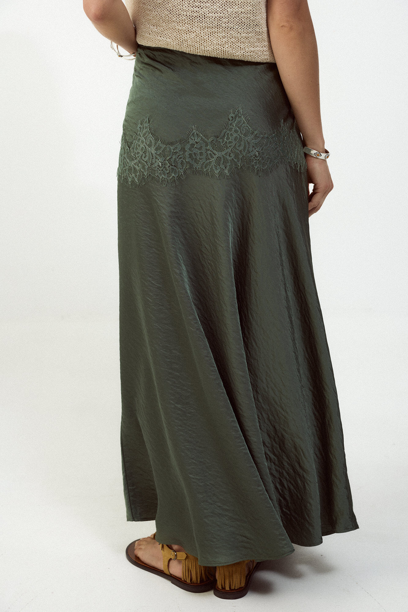 Slowlove Falda midi satinada con encaje Dark green