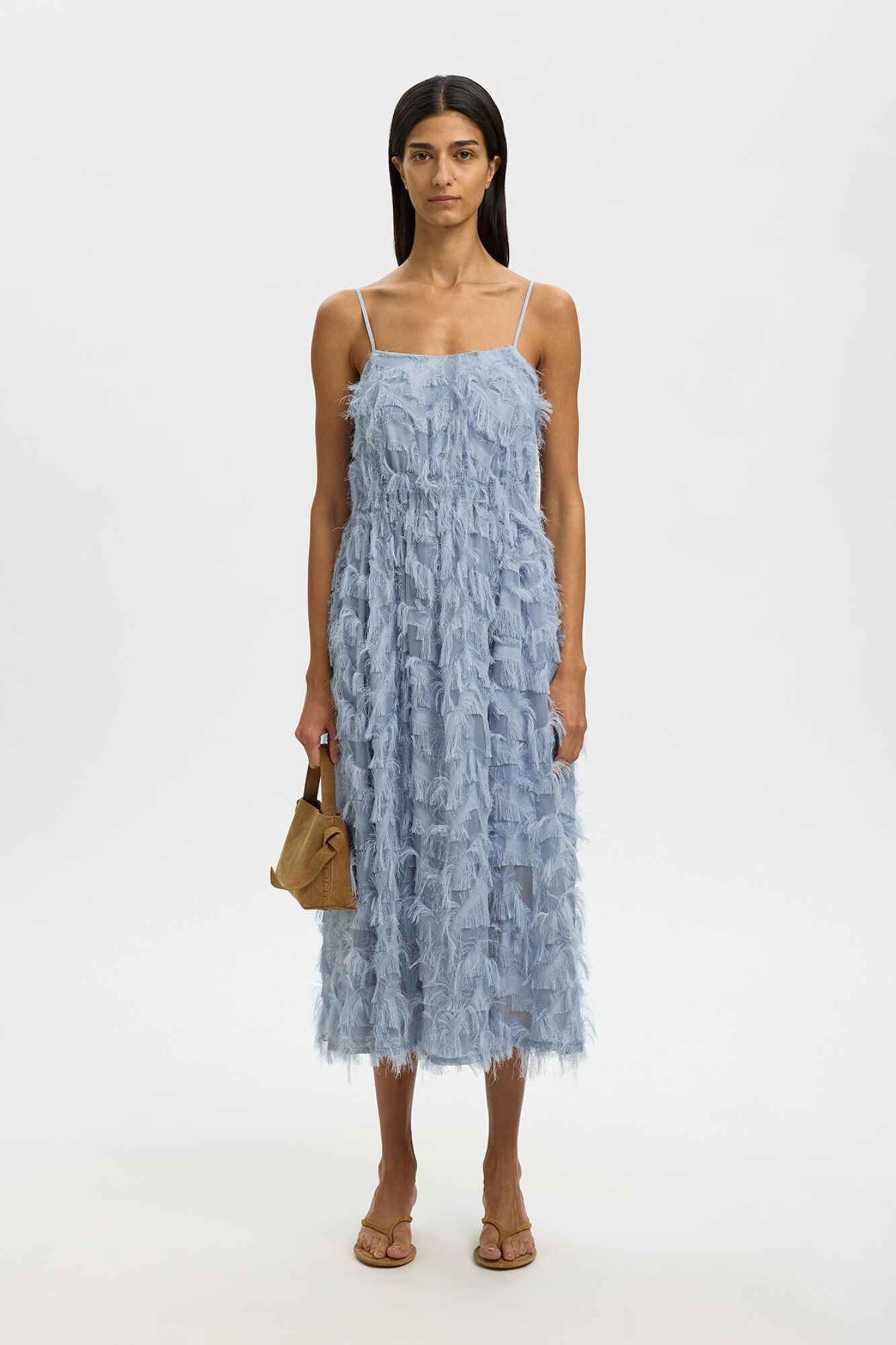 Selected Vestido midi com tecido de franjas