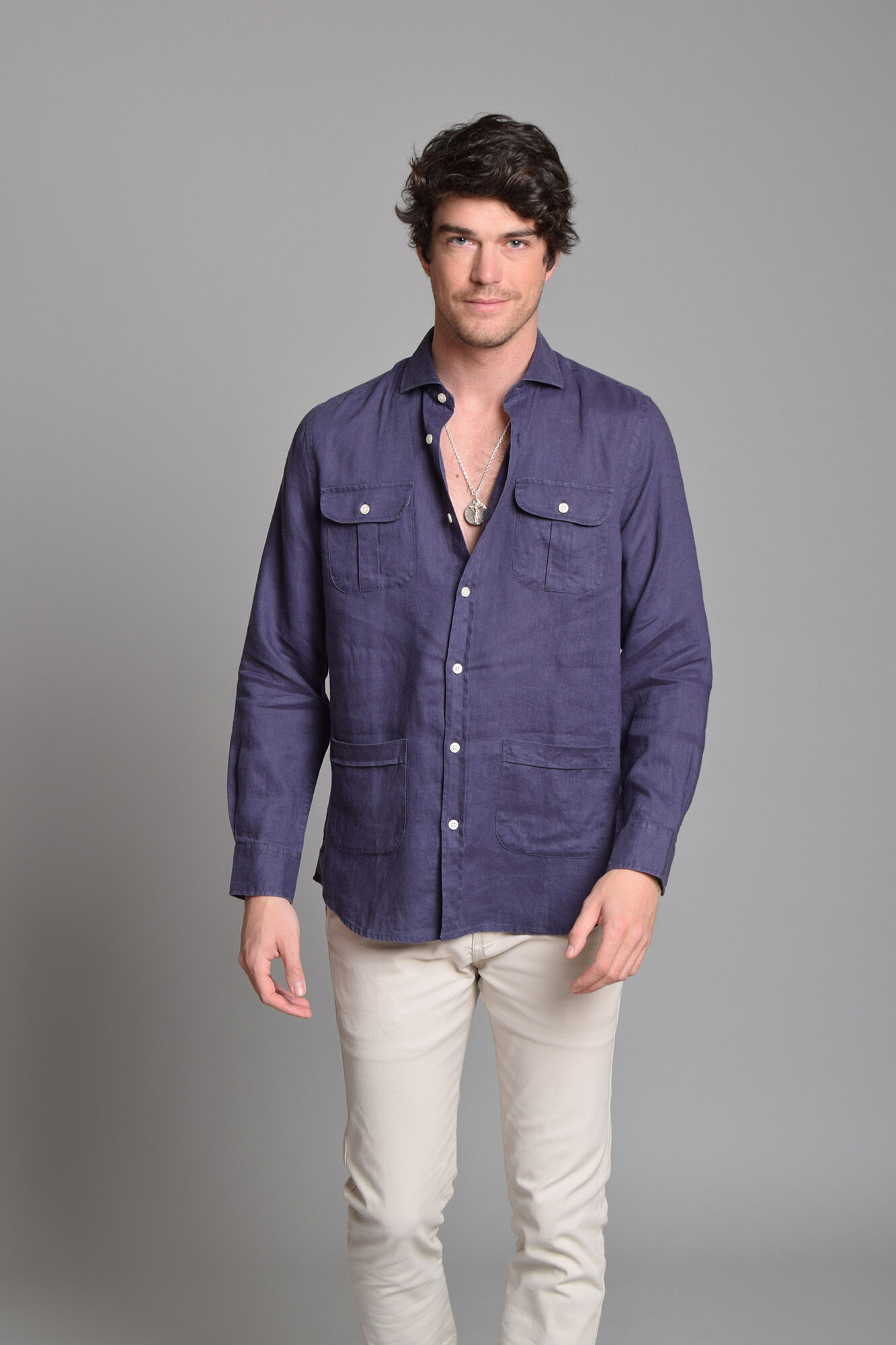 Cloking 100% linen Guayabera shirt Blue