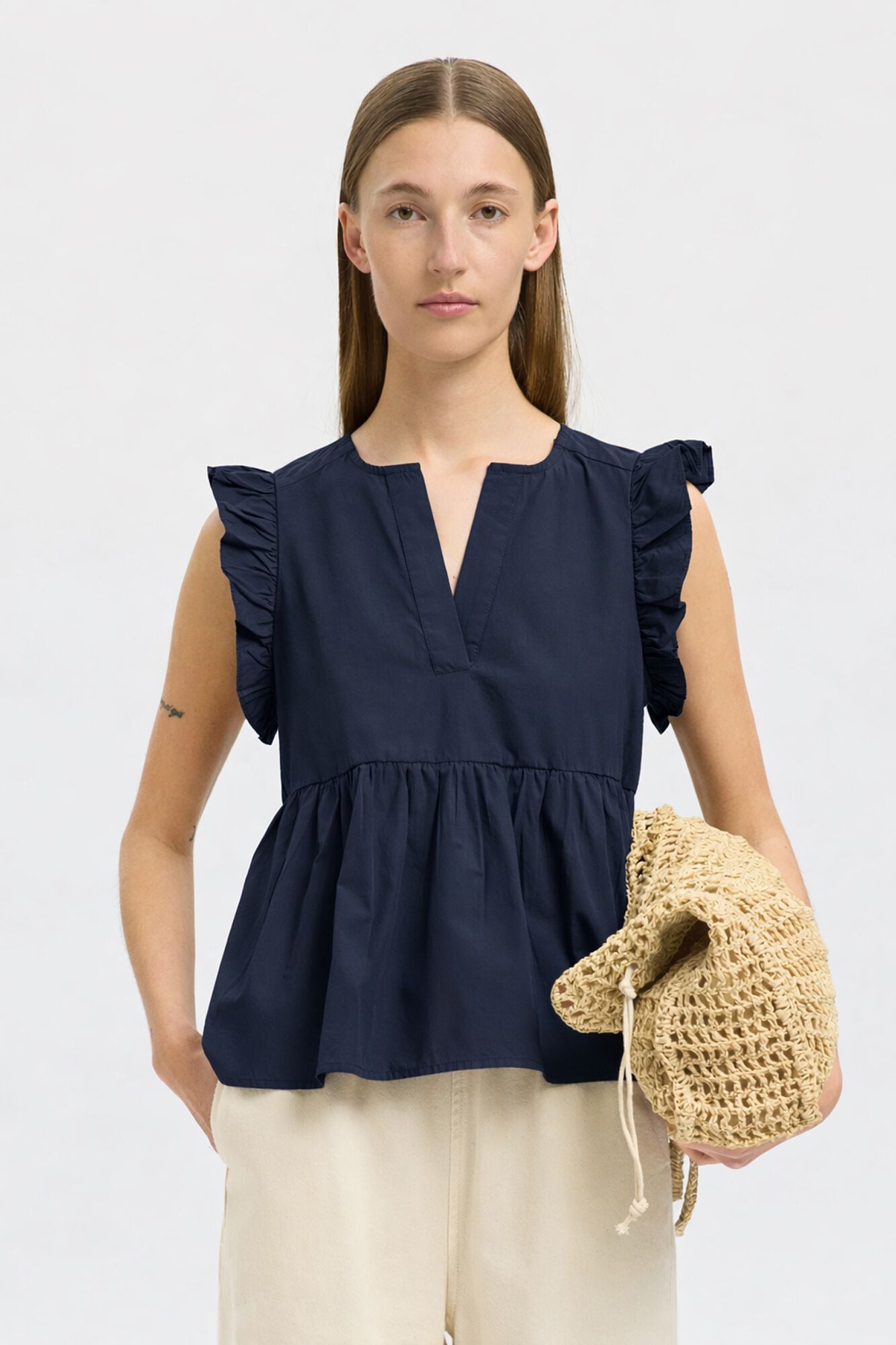 Selected Sleeveless ruffle blouse Navy