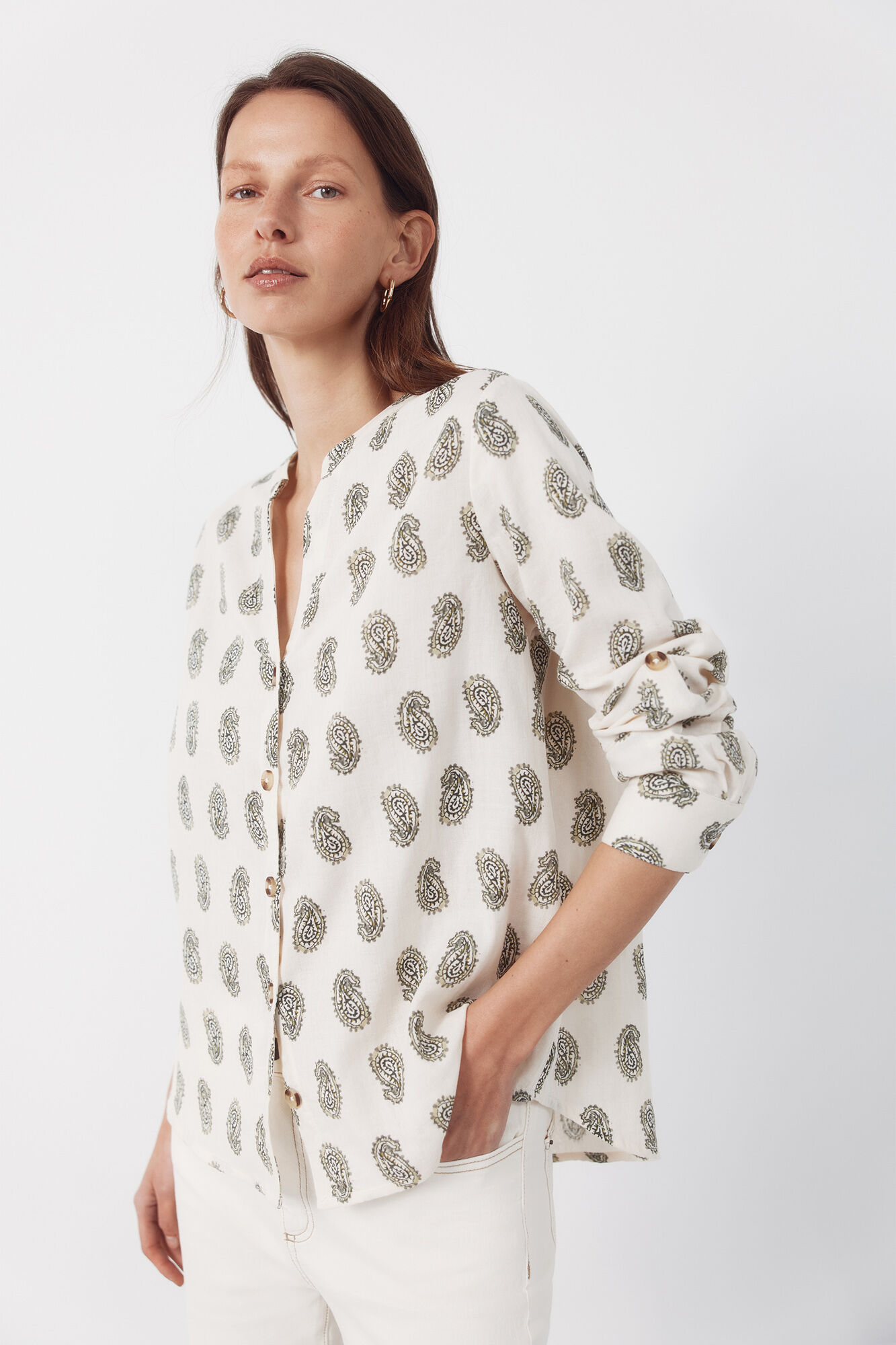 Cortefiel Mandarin collar shirt Printed green