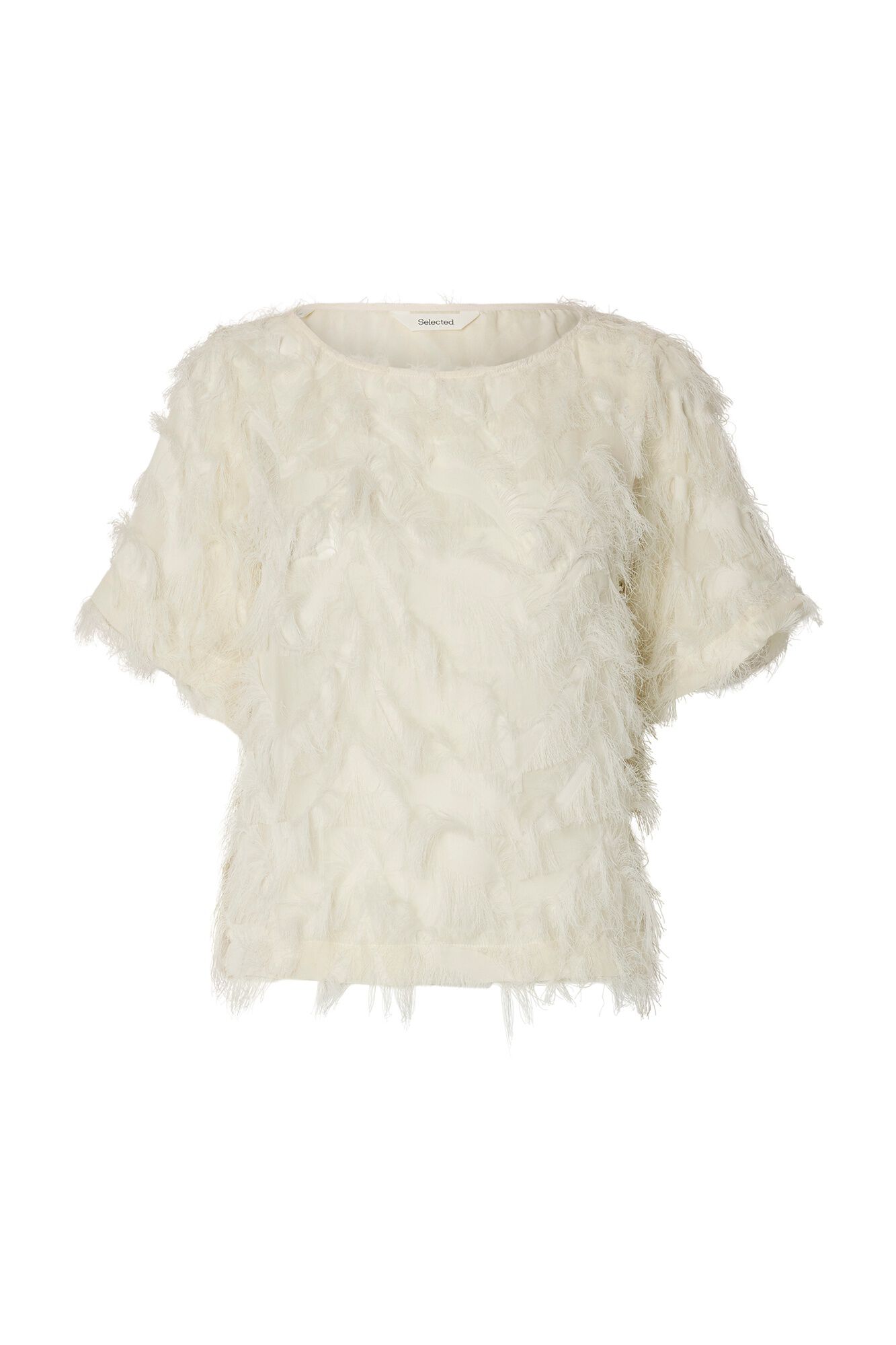 Selected Short sleeve blouse with fringed fabric White