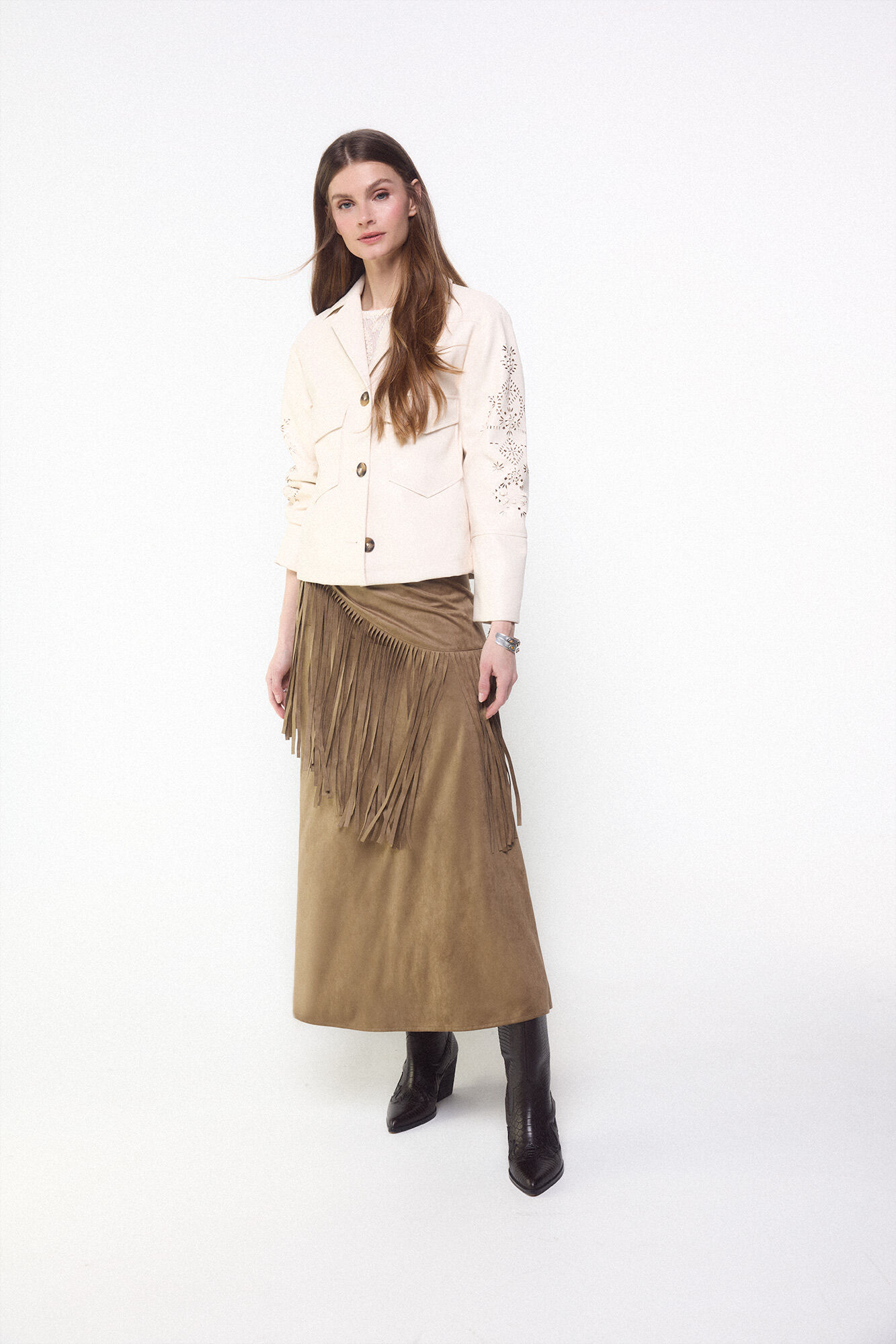 Slowlove Falda antelina con flecos Castanho