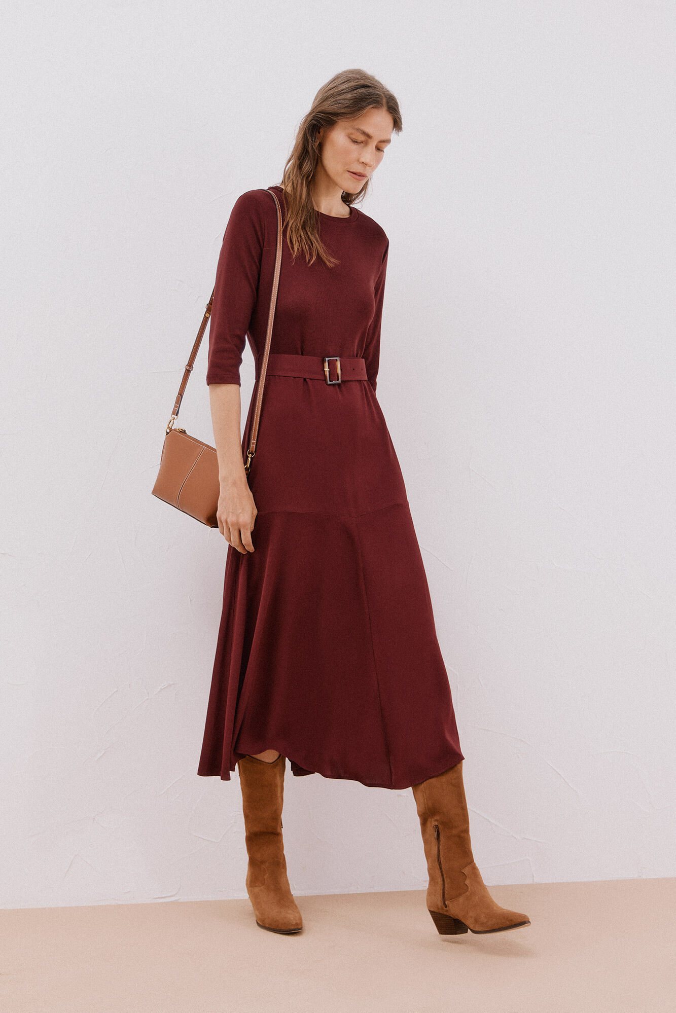 Cortefiel Combined dress with belt Maroon
