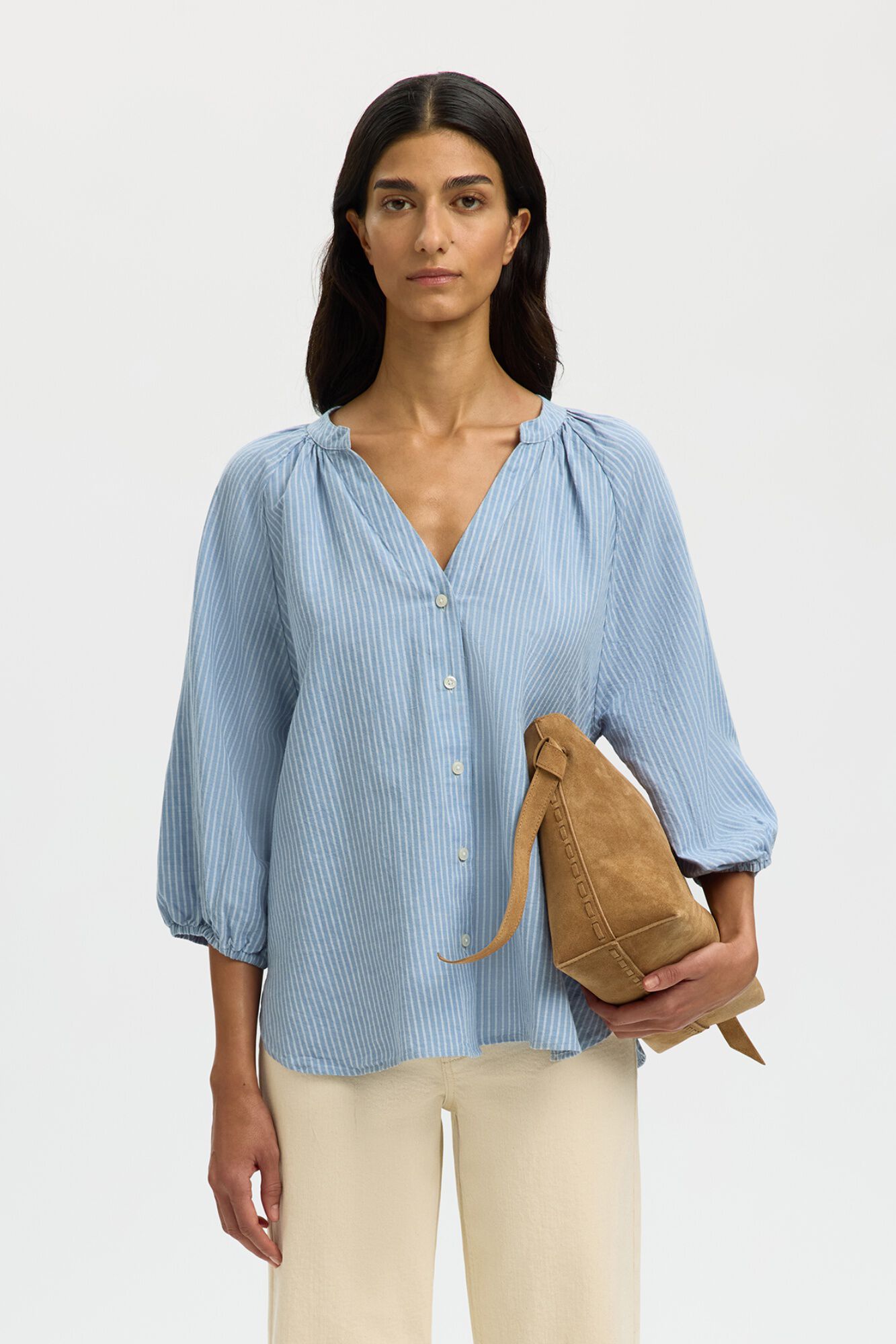 Selected Blusa manga 3/4 em linho Azul