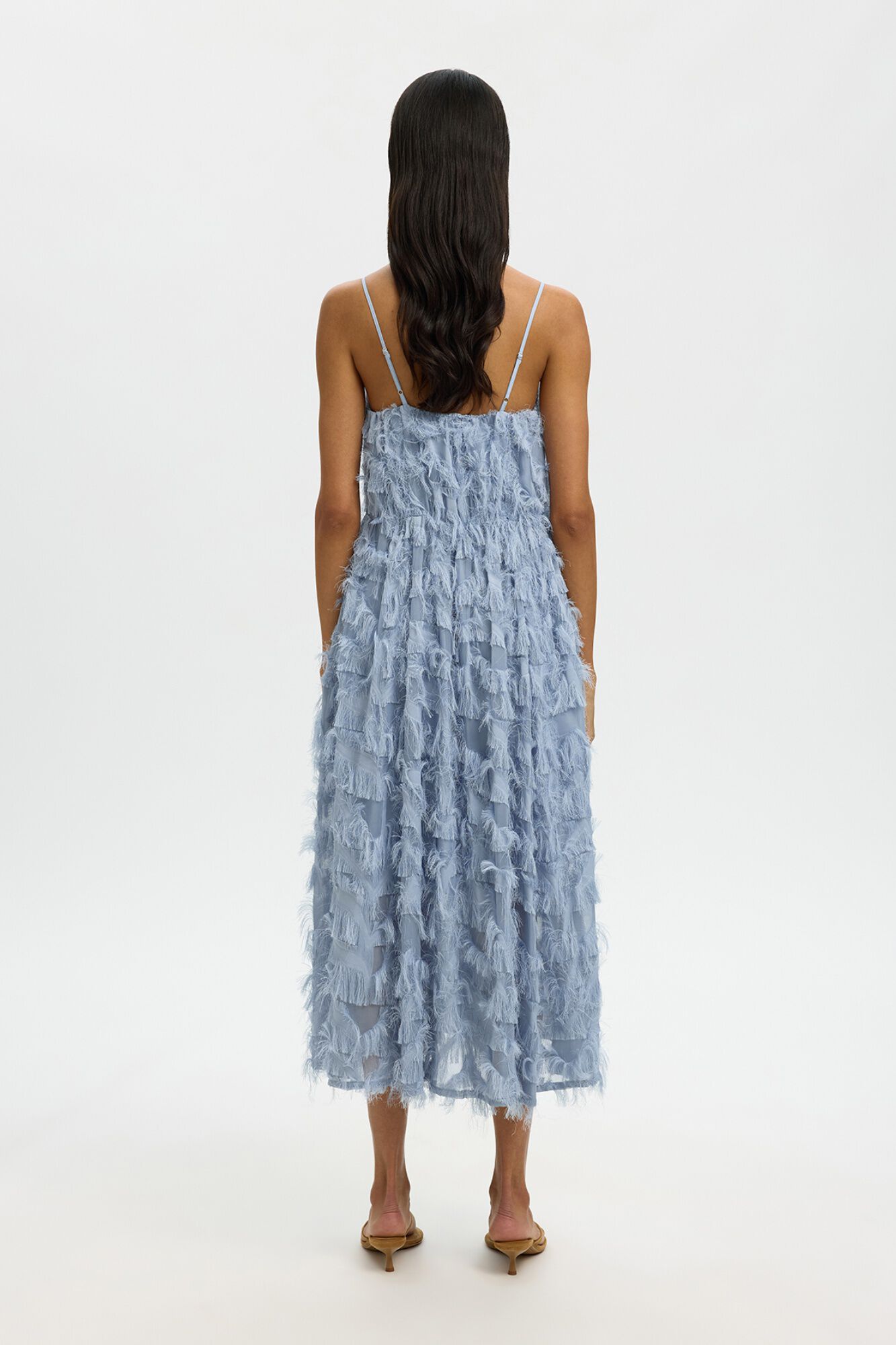 Selected Vestido midi com tecido de franjas Azul
