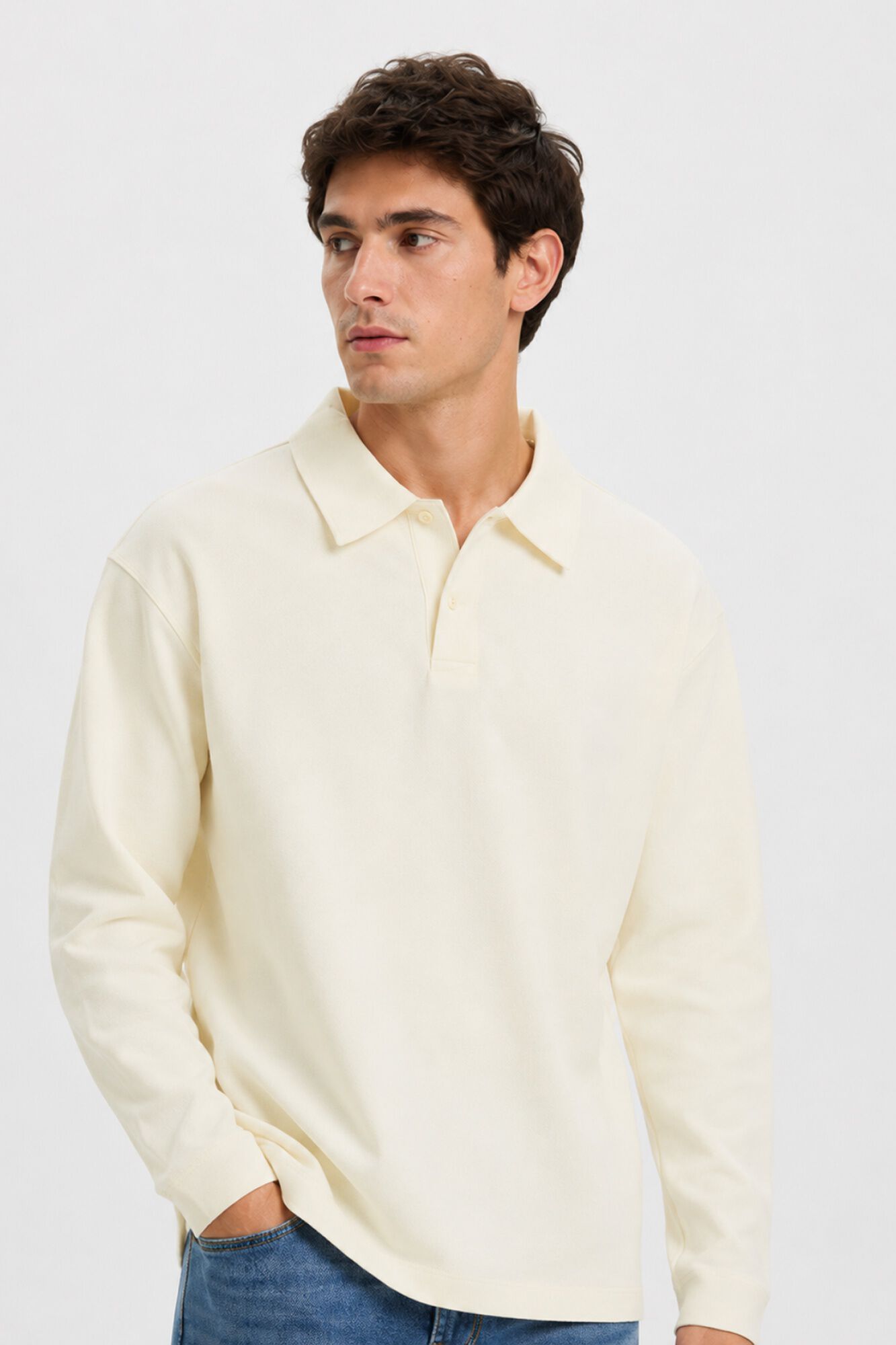 Selected Long sleeve relaxed fit polo shirt White