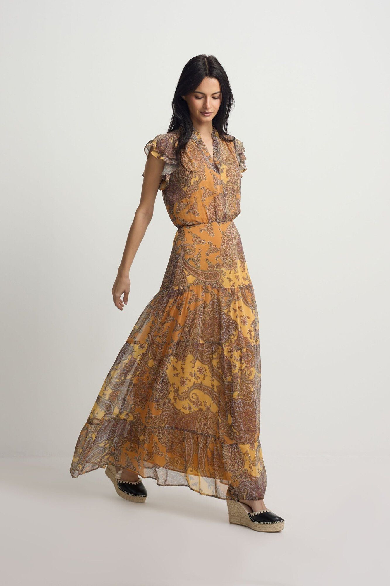 Silbon Vestido midi vuelo estampado Estampado naranja