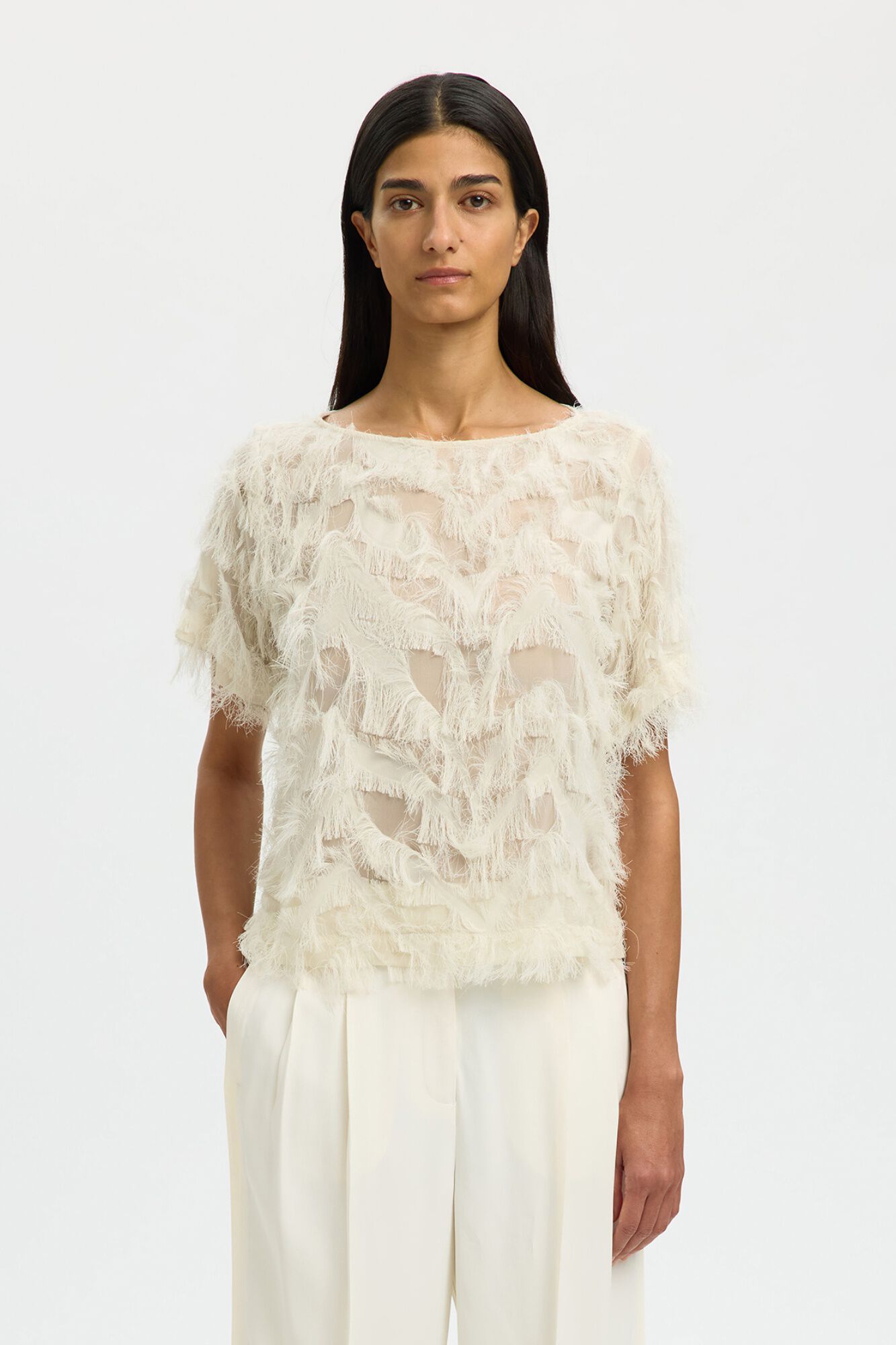 Selected Short sleeve blouse with fringed fabric White