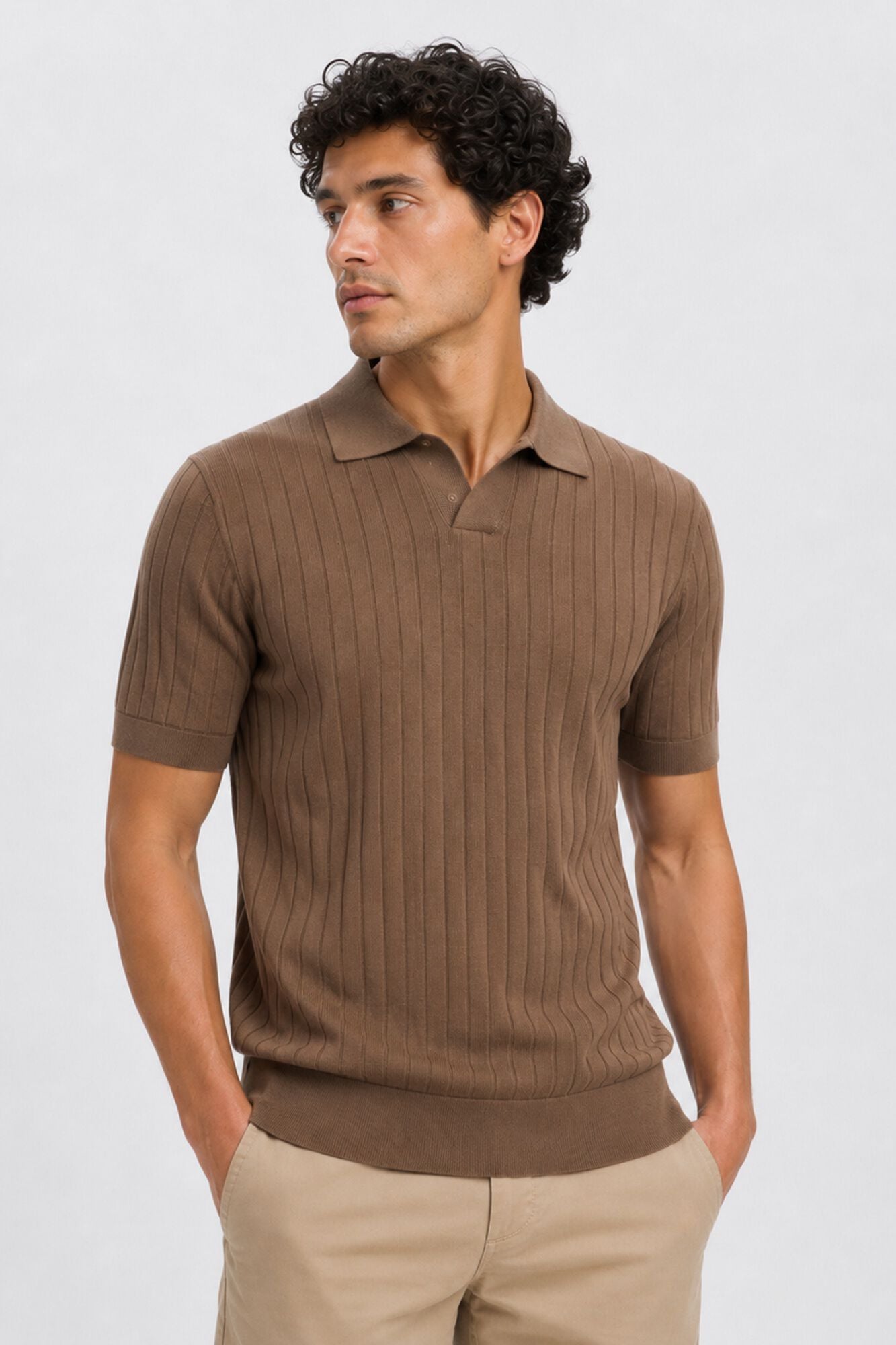 Selected Ribbed knit polo shirt Brown