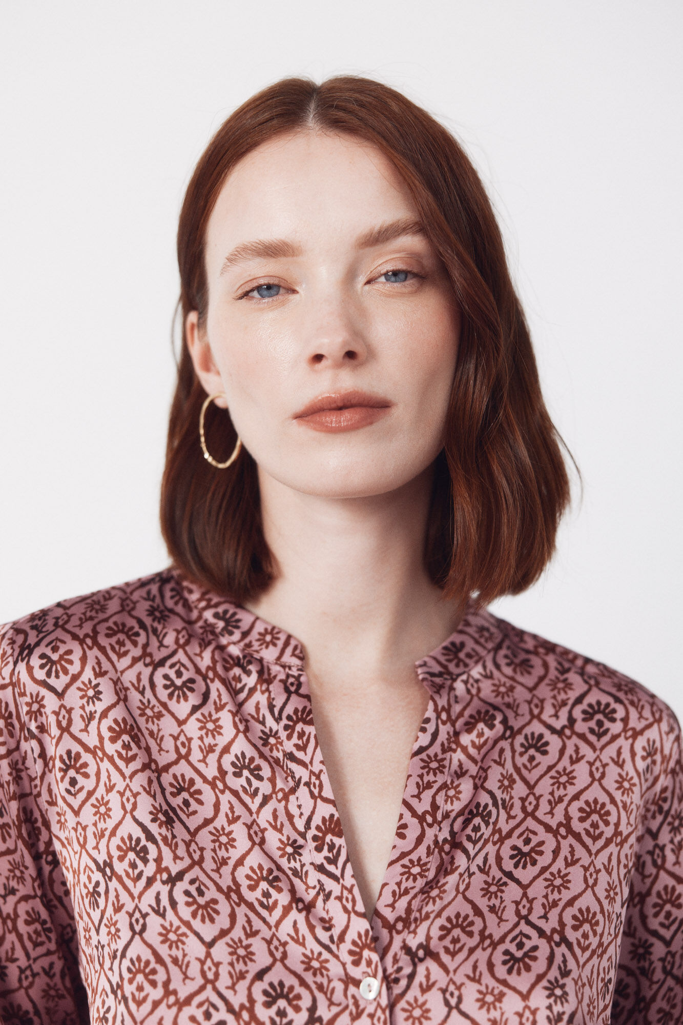 Cortefiel Printed satin mandarin shirt Printed red