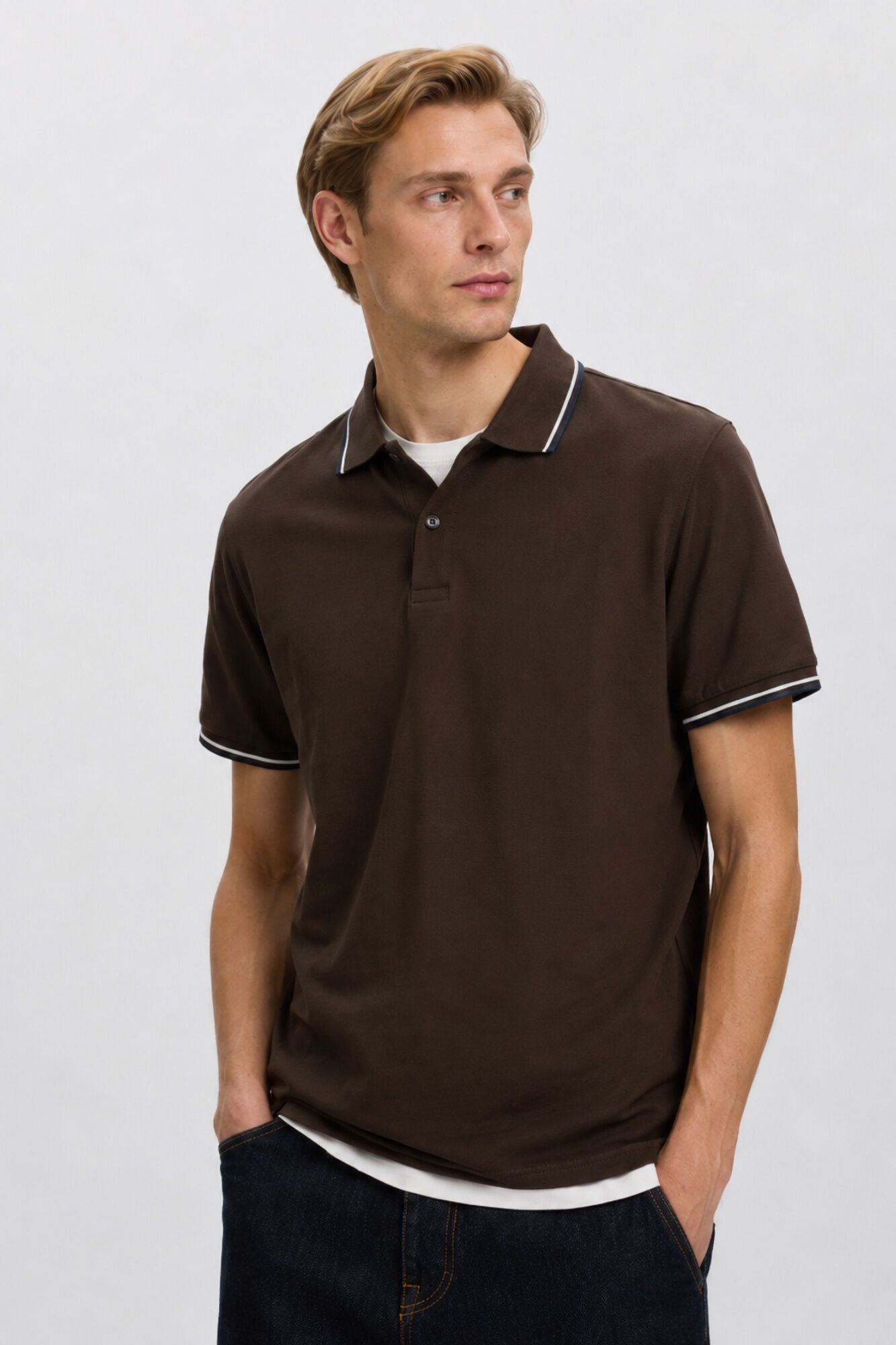 Selected Piqu&eacute; short sleeve polo shirt Dark brown