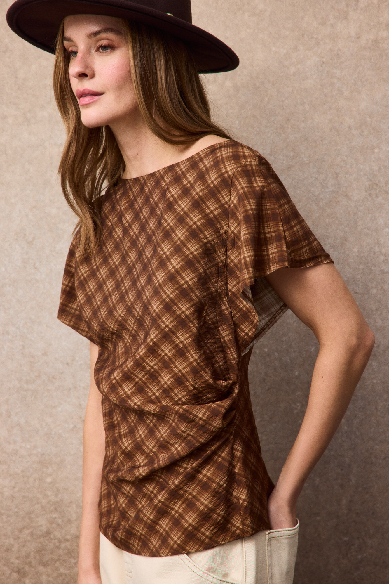Slowlove Top cuadros Estampado marr&oacute;n