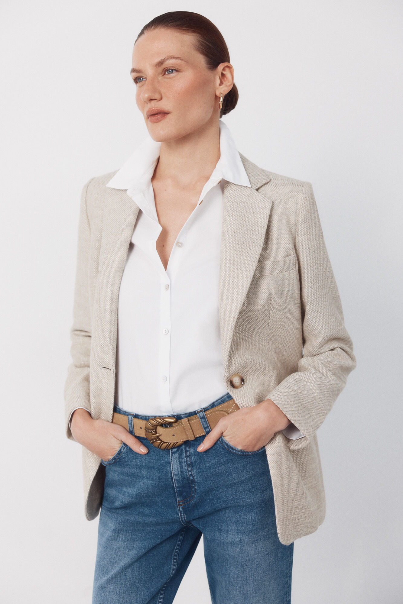 Cortefiel Textured fabric blazer Nude