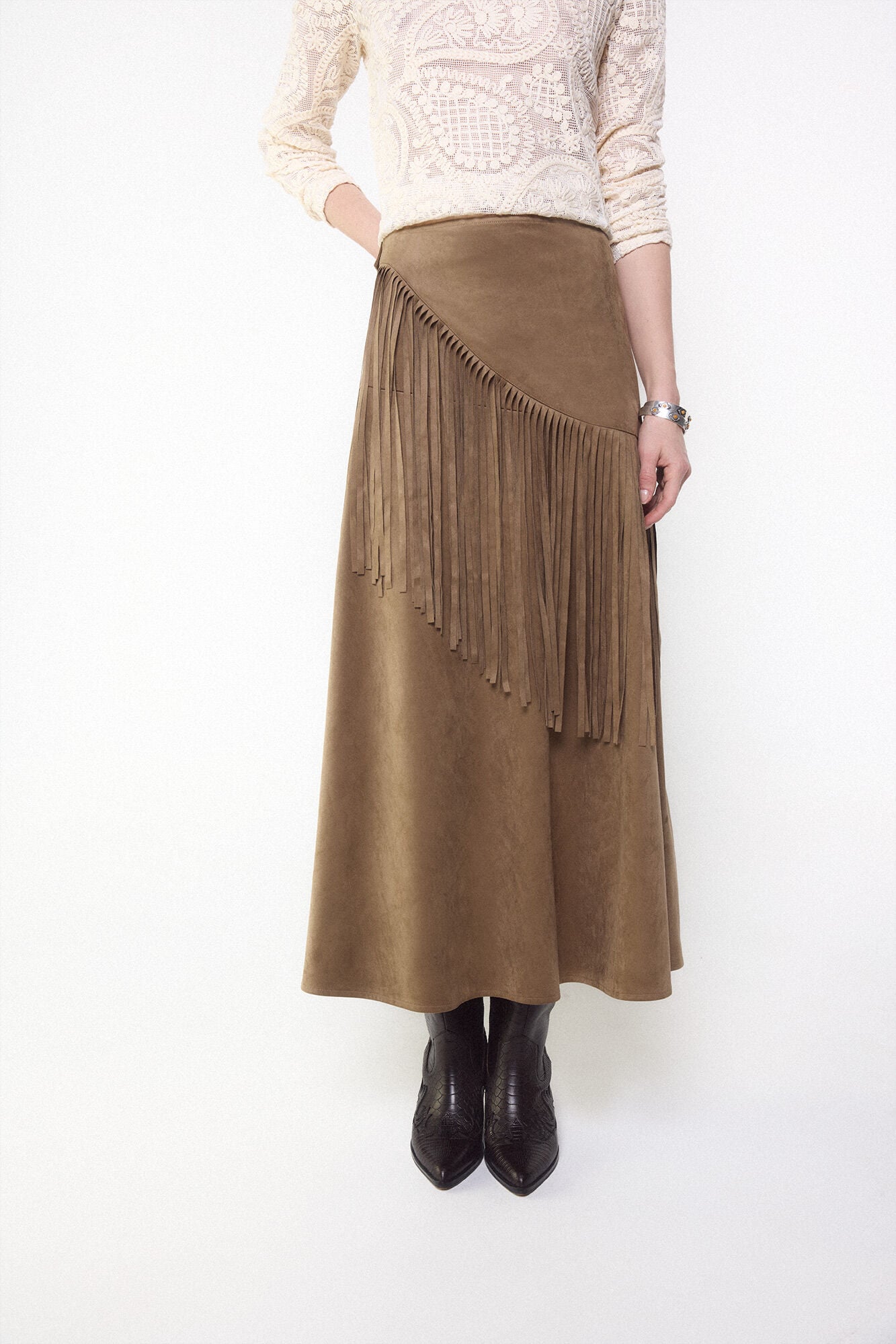 Slowlove Falda antelina con flecos Castanho
