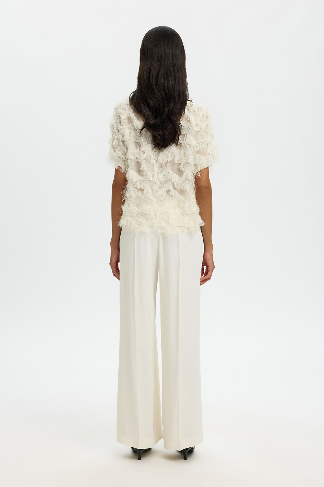 Selected Short sleeve blouse with fringed fabric White
