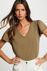 Morgan T-shirt com gola em bico e folhos Verde