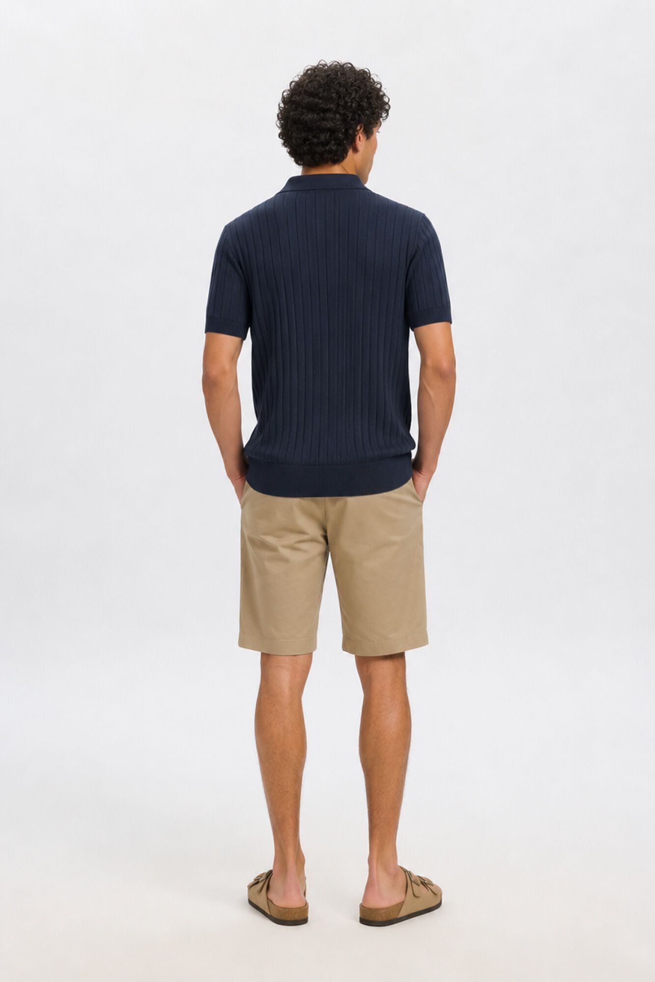 Selected Ribbed knit polo shirt Navy