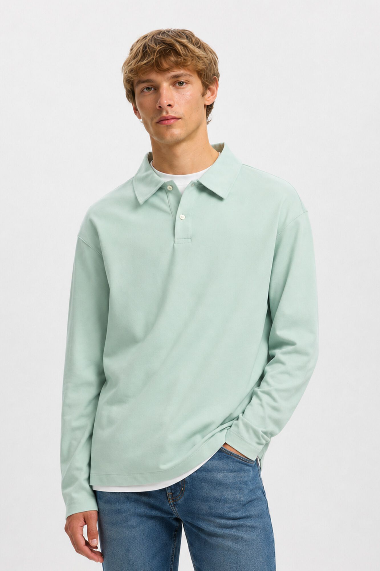Selected Long sleeve relaxed fit polo shirt Kaki