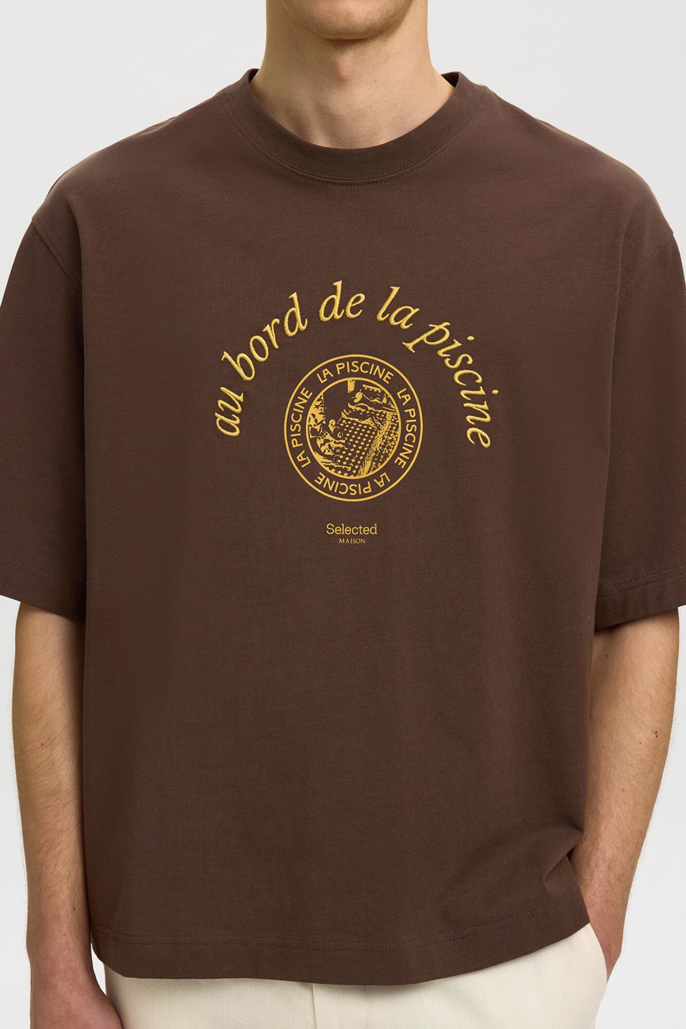 Selected T-shirt de manga curta estampada Castanho