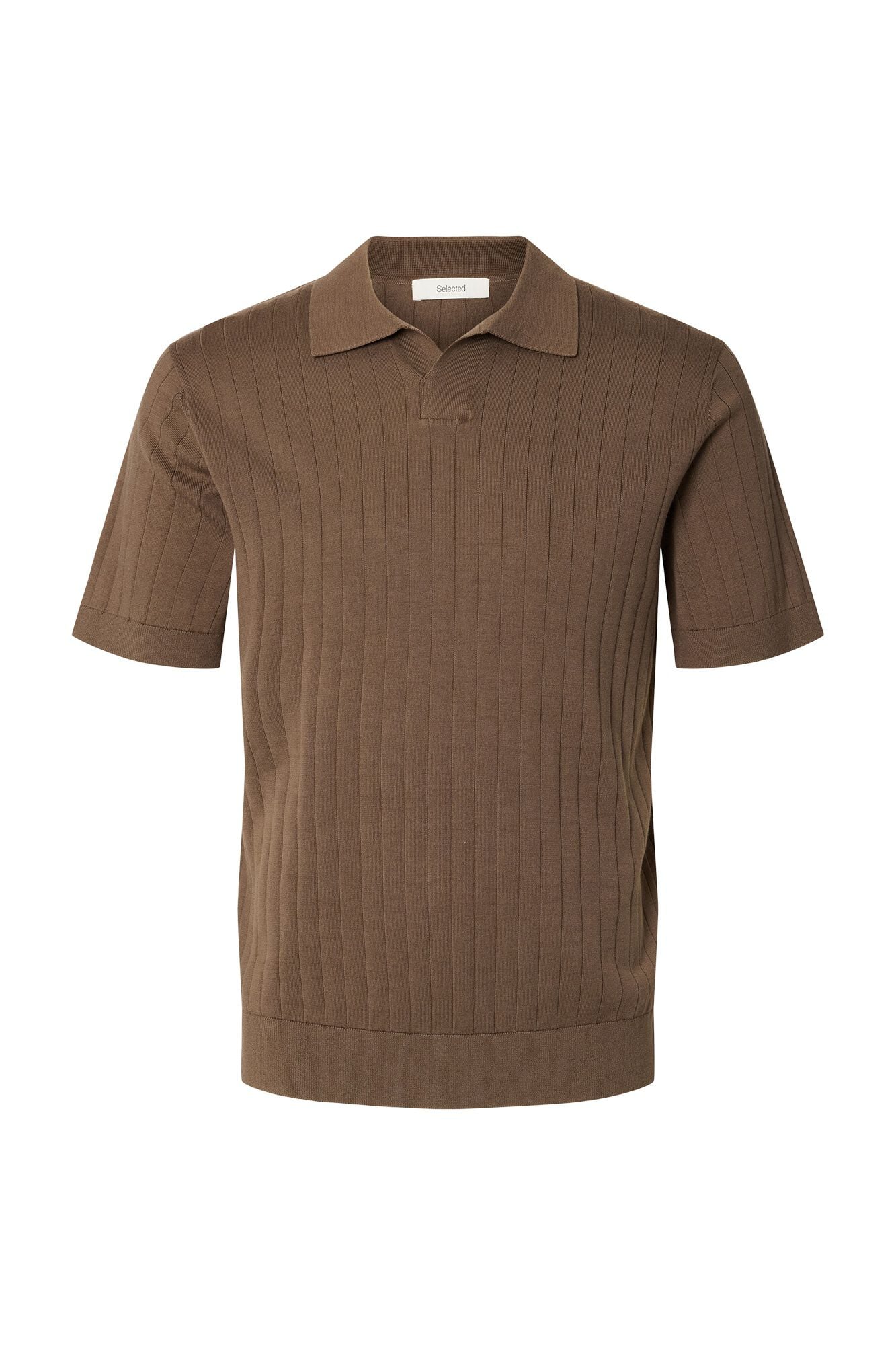 Selected Ribbed knit polo shirt Brown