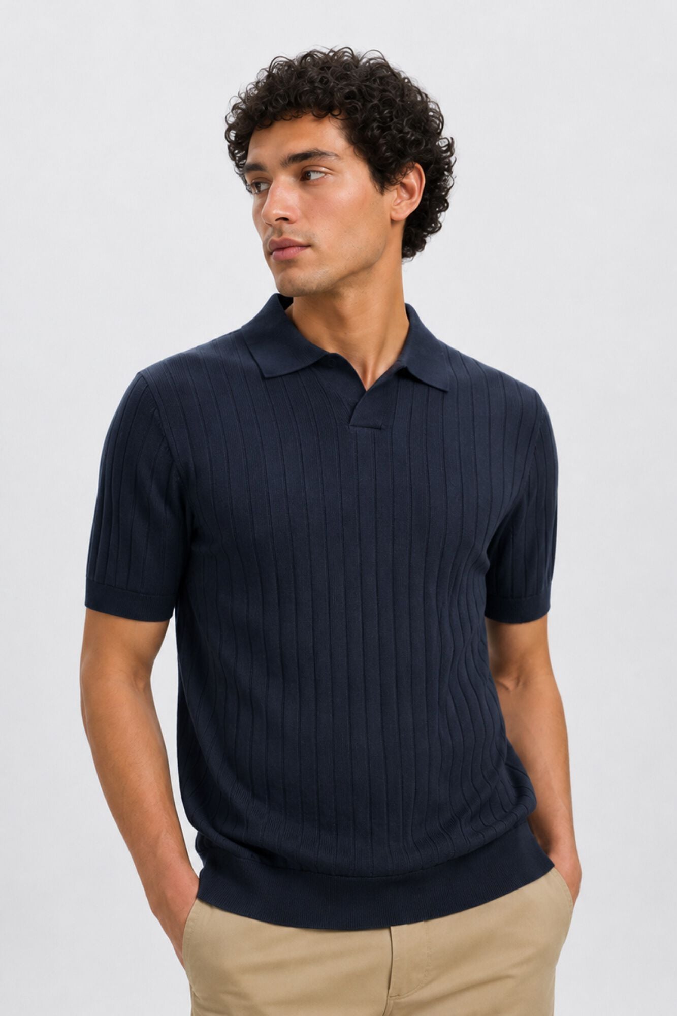 Selected Ribbed knit polo shirt Navy
