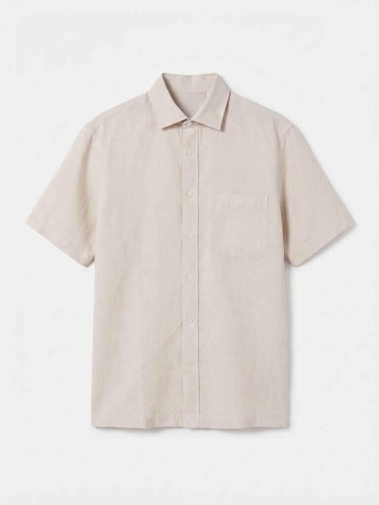 Cortefiel Plain cotton linen short sleeve shirt Beige
