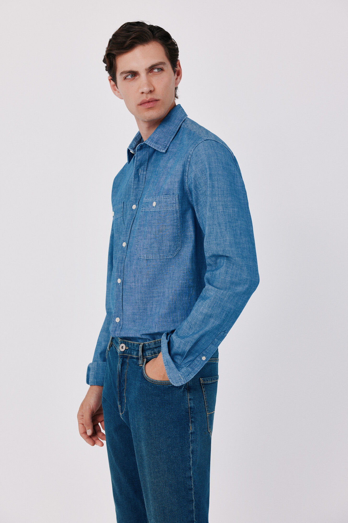 Cortefiel Chambray utility shirt Navy