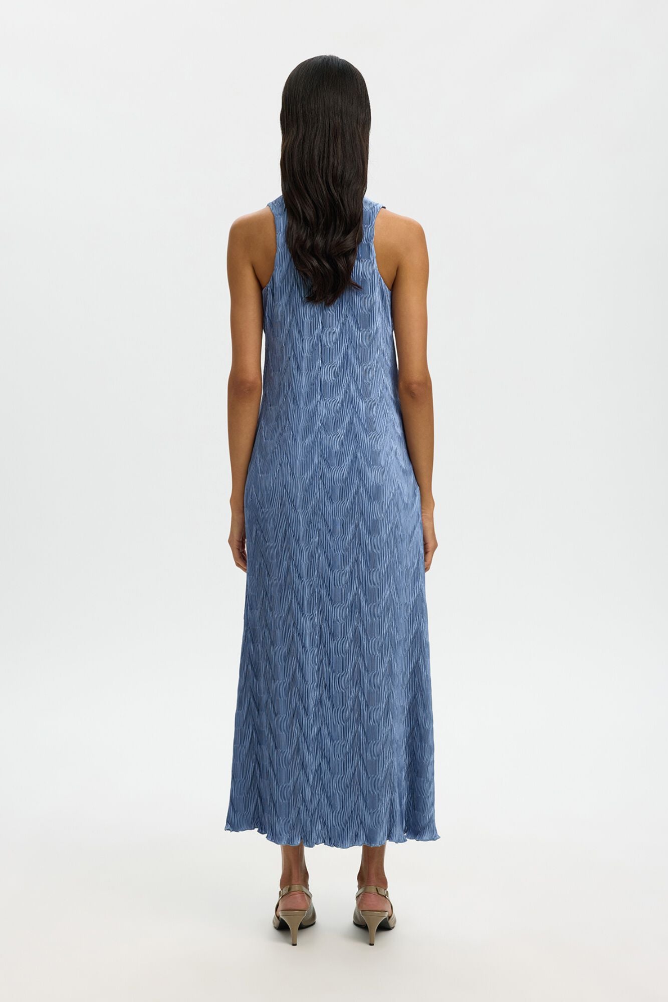 Selected Vestido comprido em tecido plissado Azul