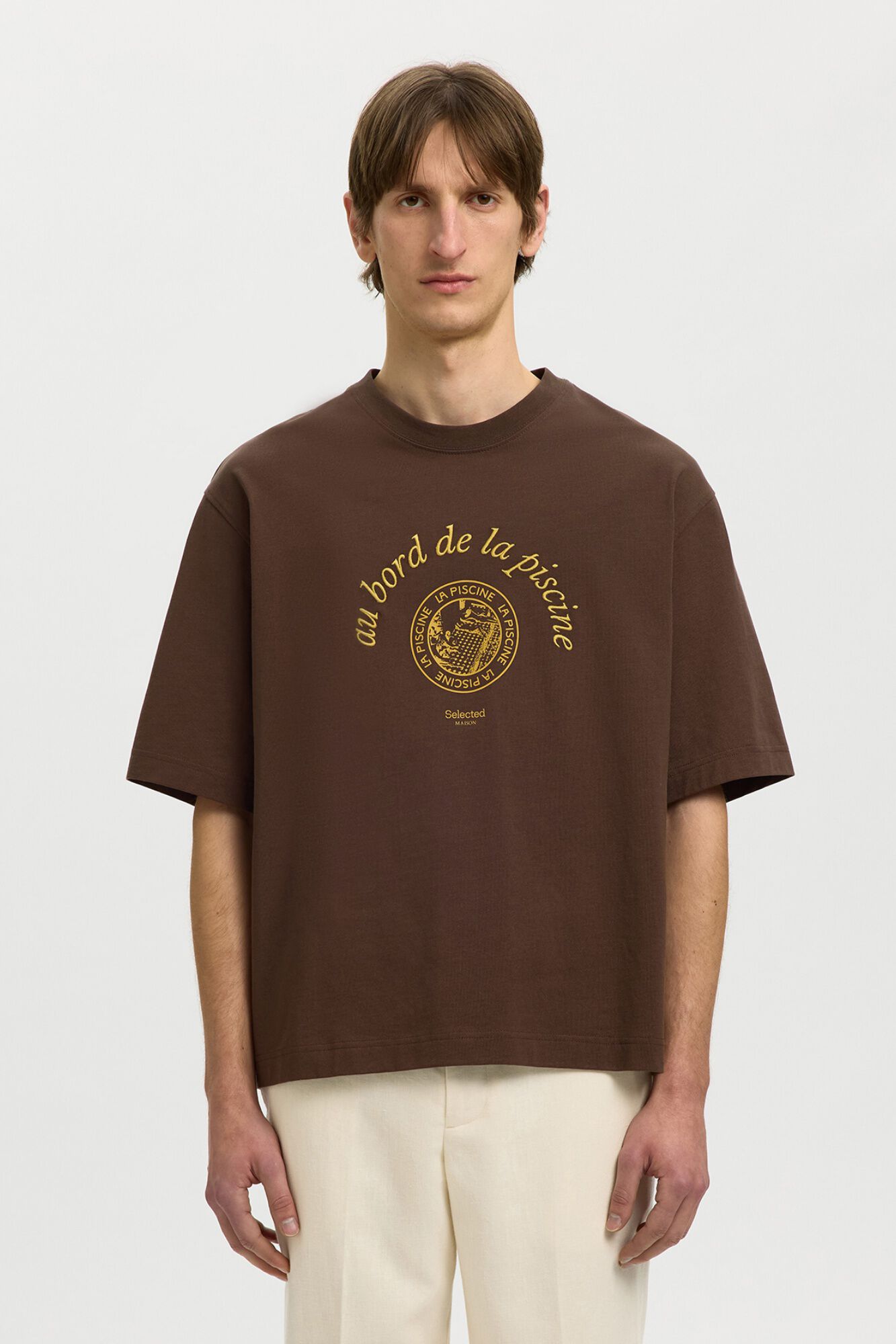 Selected T-shirt de manga curta estampada Castanho