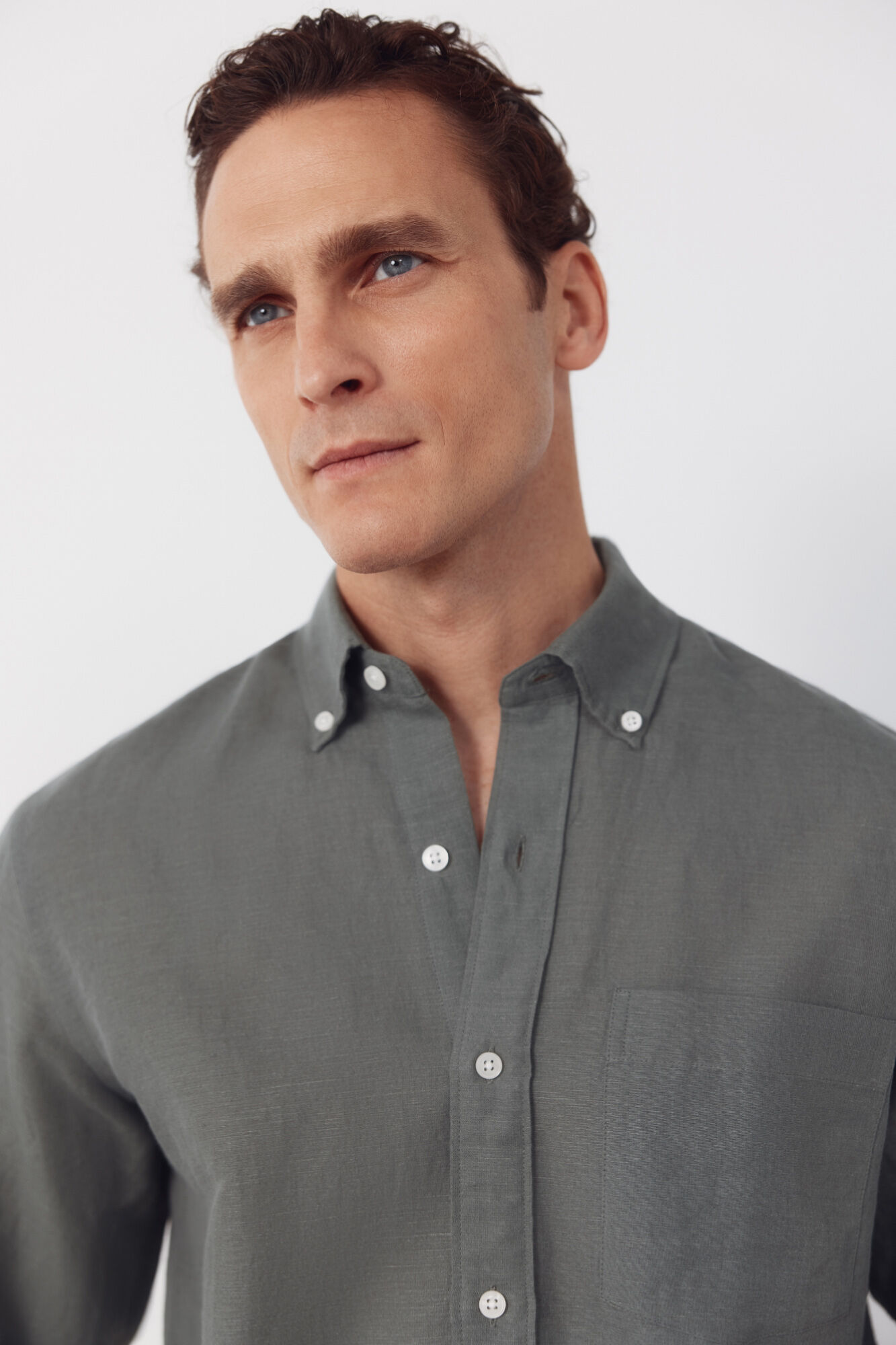 Cortefiel Plain linen shirt Kaki