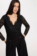 Morgan Body de renda com decote em bico Preto