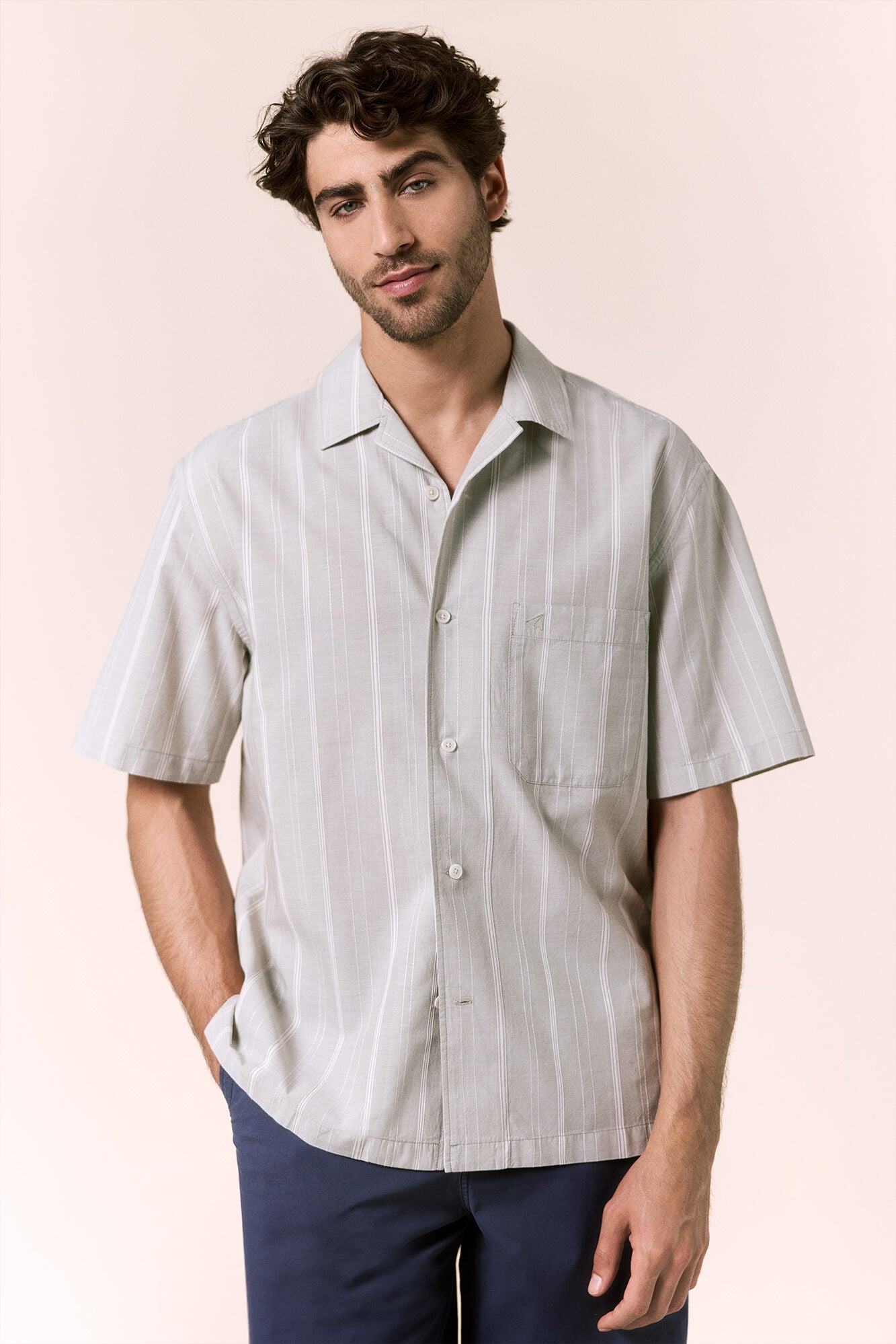 OOTO Striped short sleeve bowling collar shirt