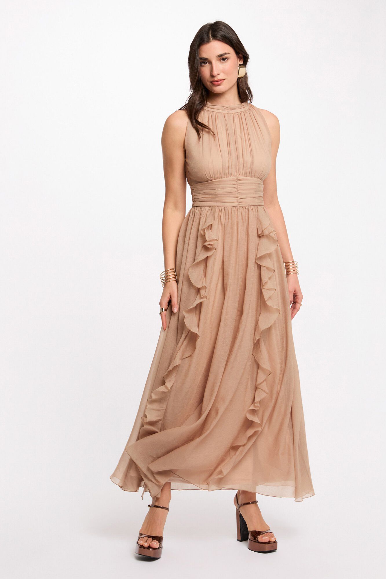 Morgan Vestido comprido com gola alta Tostado