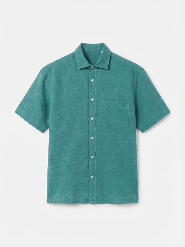 Cortefiel Plain cotton linen short sleeve shirt Green