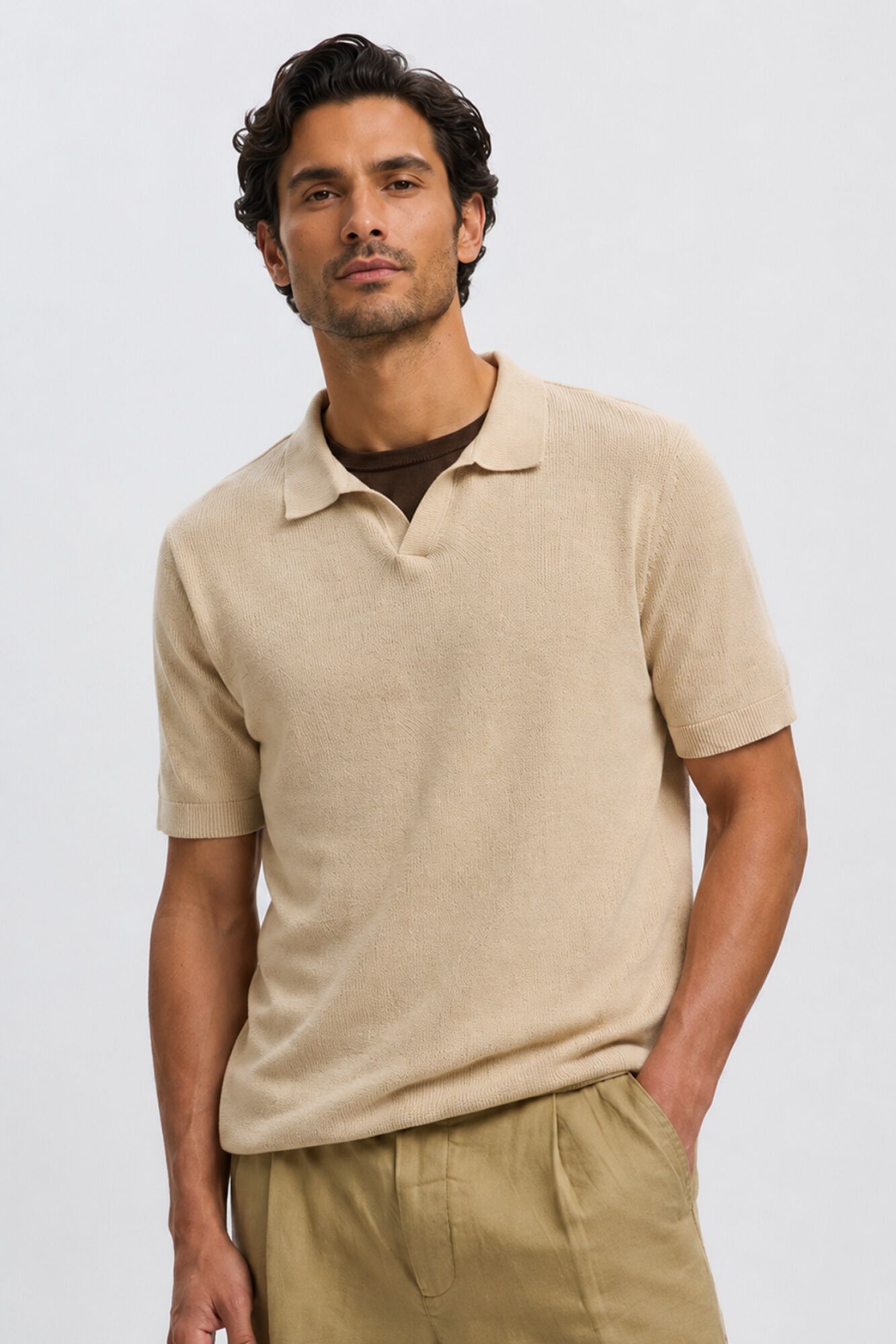 Selected Open-neck knit polo shirt Beige