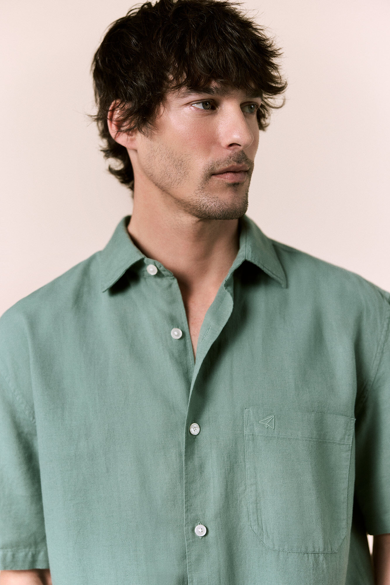 OOTO Camisa de linho de manga curta Verde